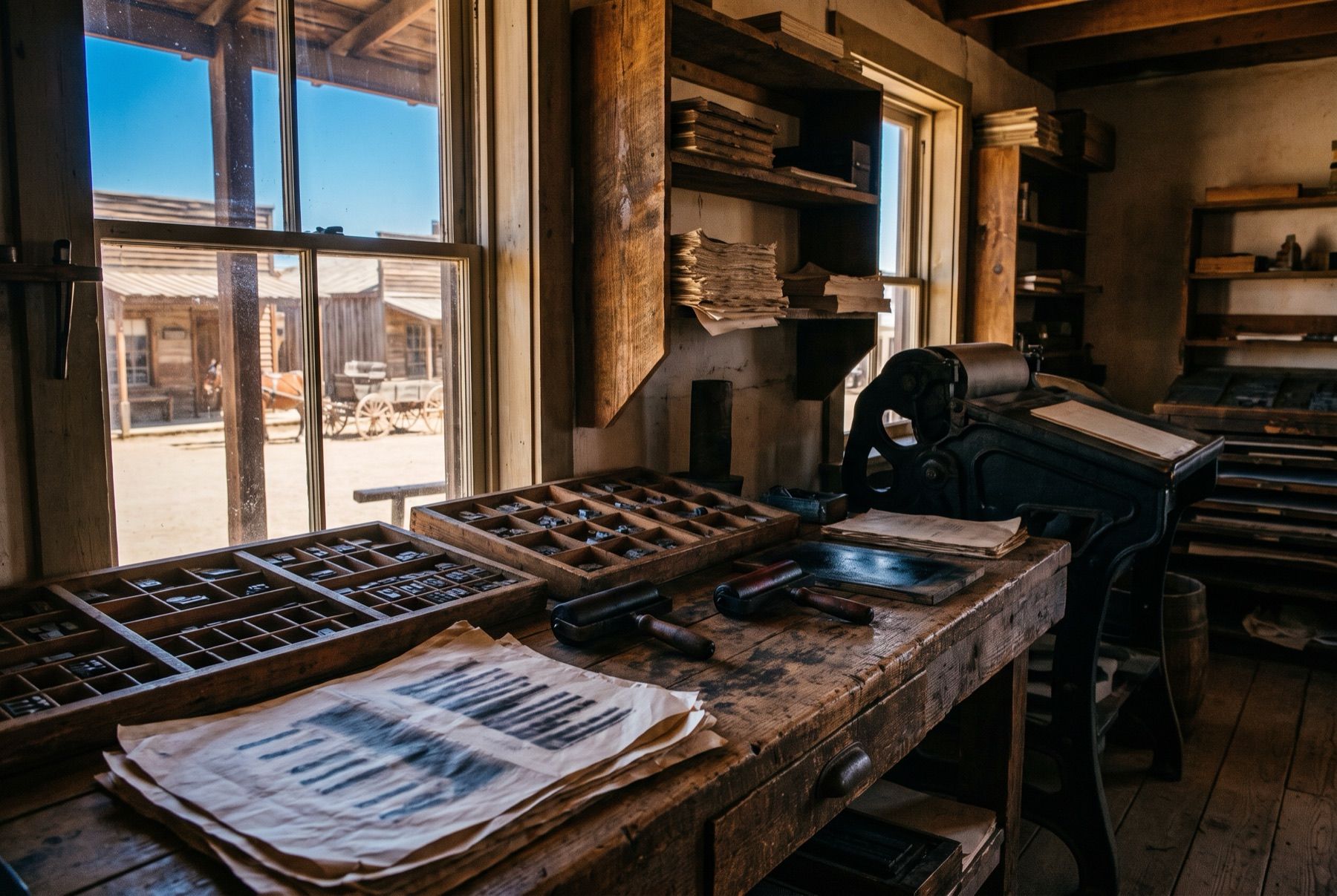 Nineteenth-century printing equipment, metal type trays, and paper proofs on a wooden desk.