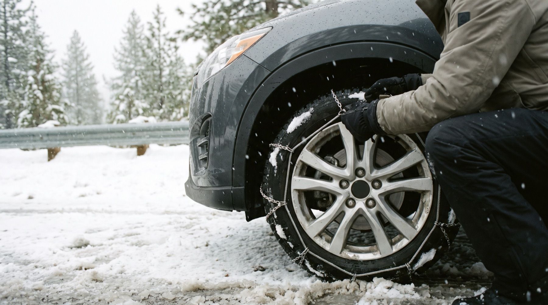 Gloved hands hooking a steel cable chain behind the front tire of a sedan at a snowy roadside pullout