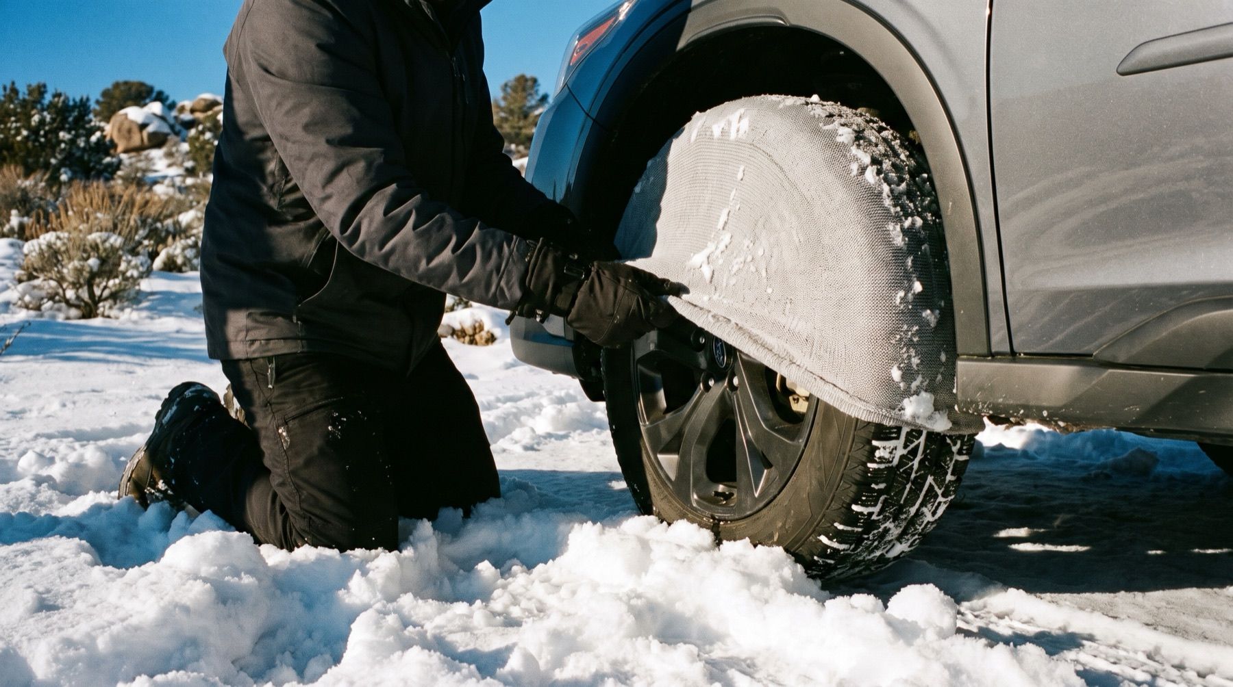 Gloved hands pulling a grey fabric snow sock over the top half of a car's front tire, kneeling in snow