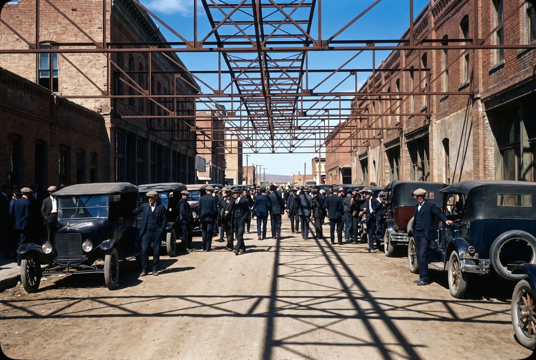 Early twentieth century motorists and pedestrians gathered along Virginia Street beneath a steel arch structure.
