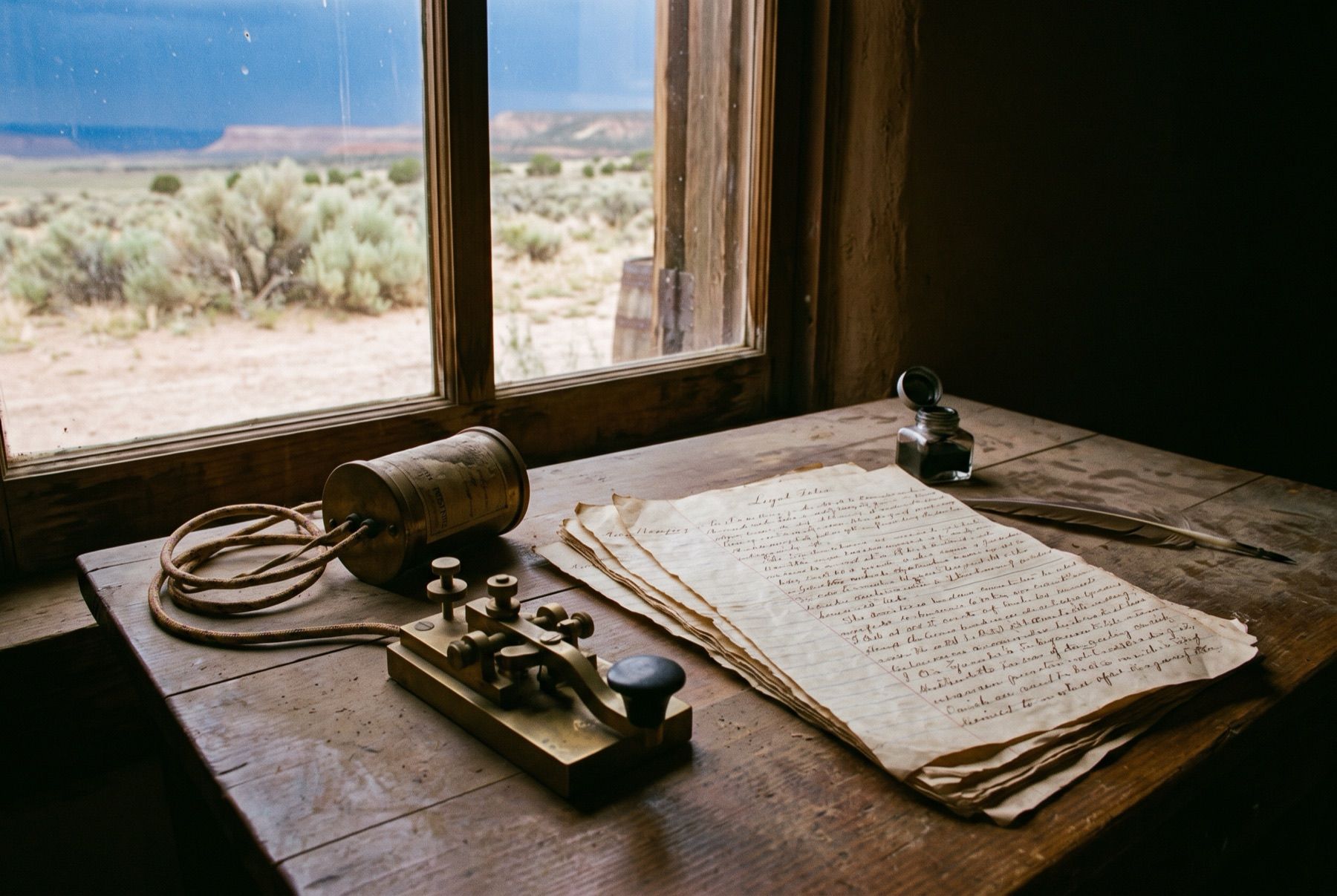 A brass telegraph key and nineteenth-century document pages resting on an antique wooden desk.