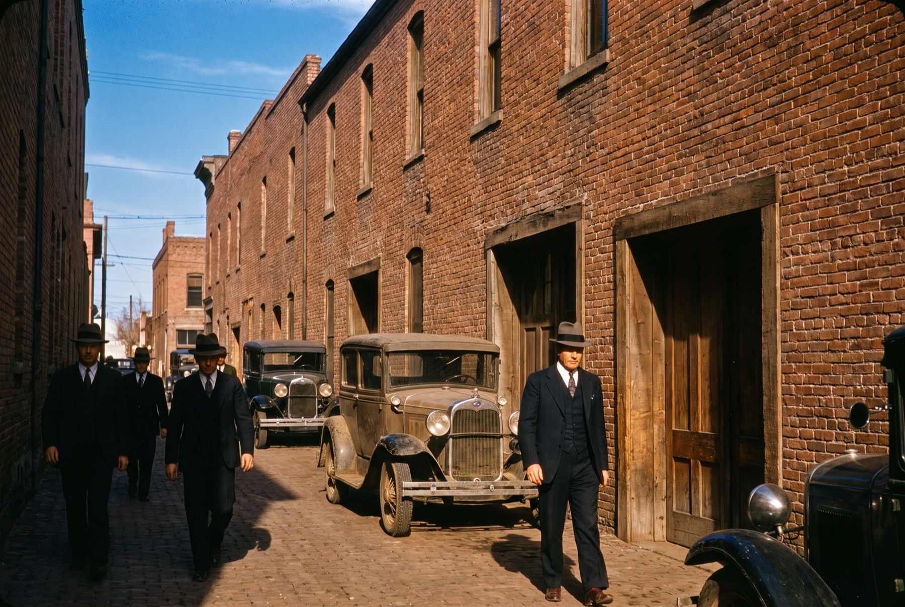 Douglas Alley in downtown Reno during the 1930s with pedestrians and period automobiles.