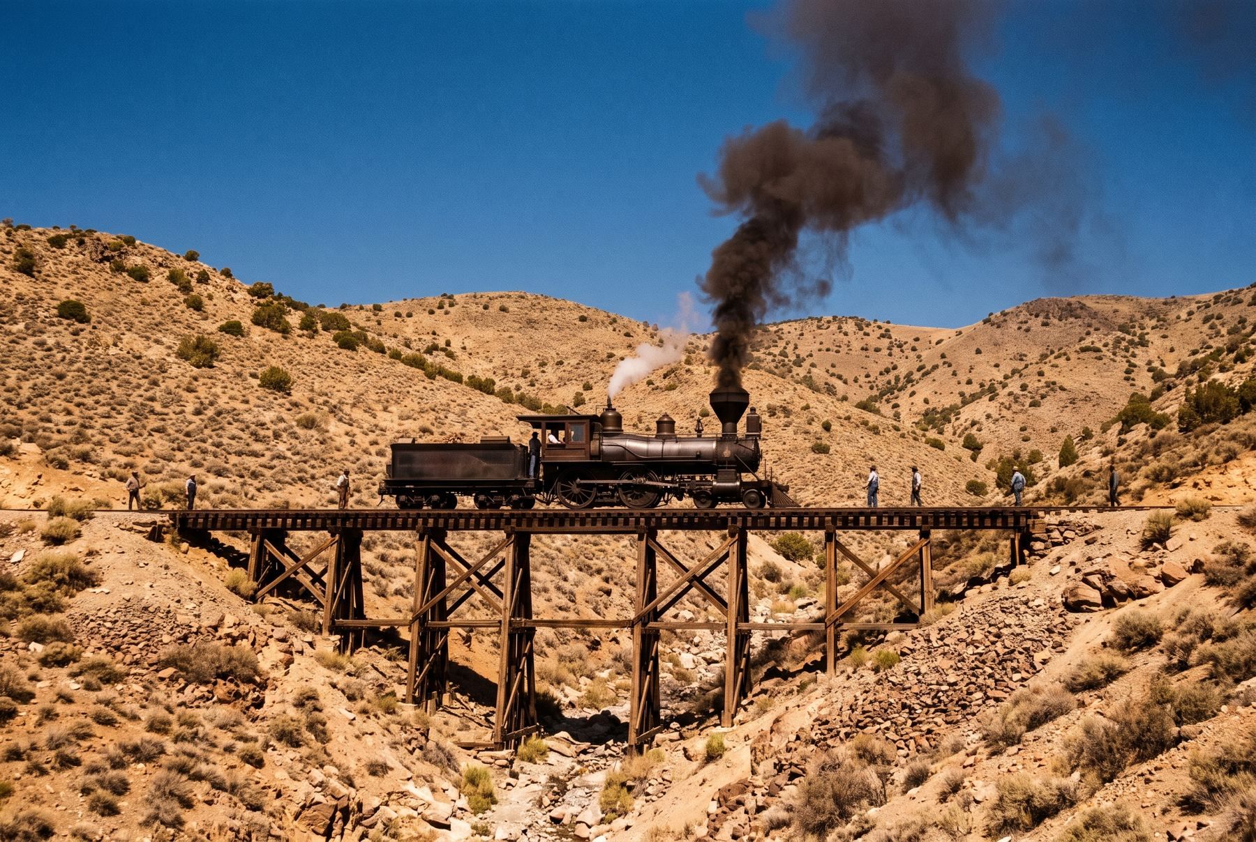 A historical steam locomotive crossing a high wooden trestle bridge over a deep ravine.