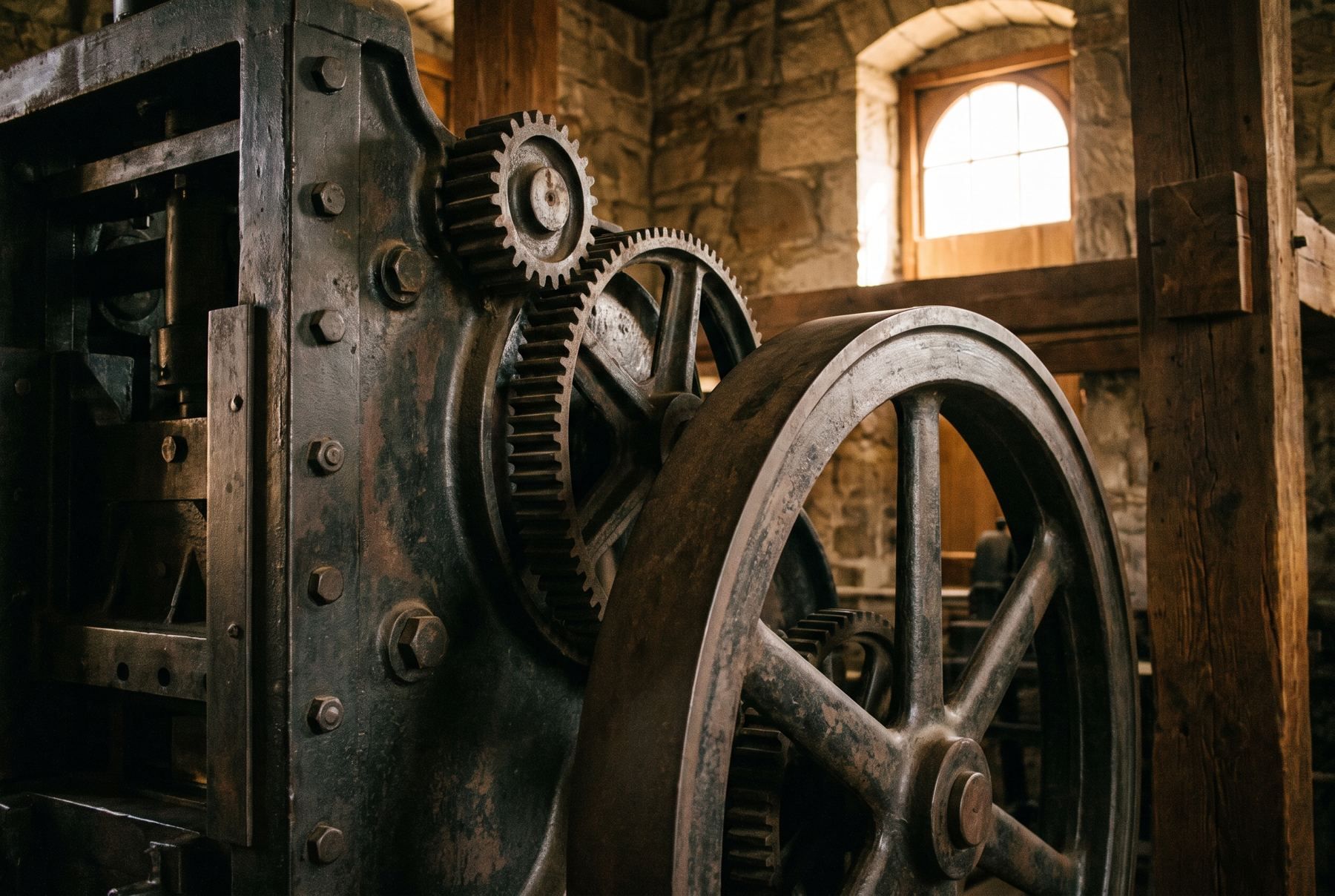 Heavy iron mechanical frame and gears of Coin Press No. 1