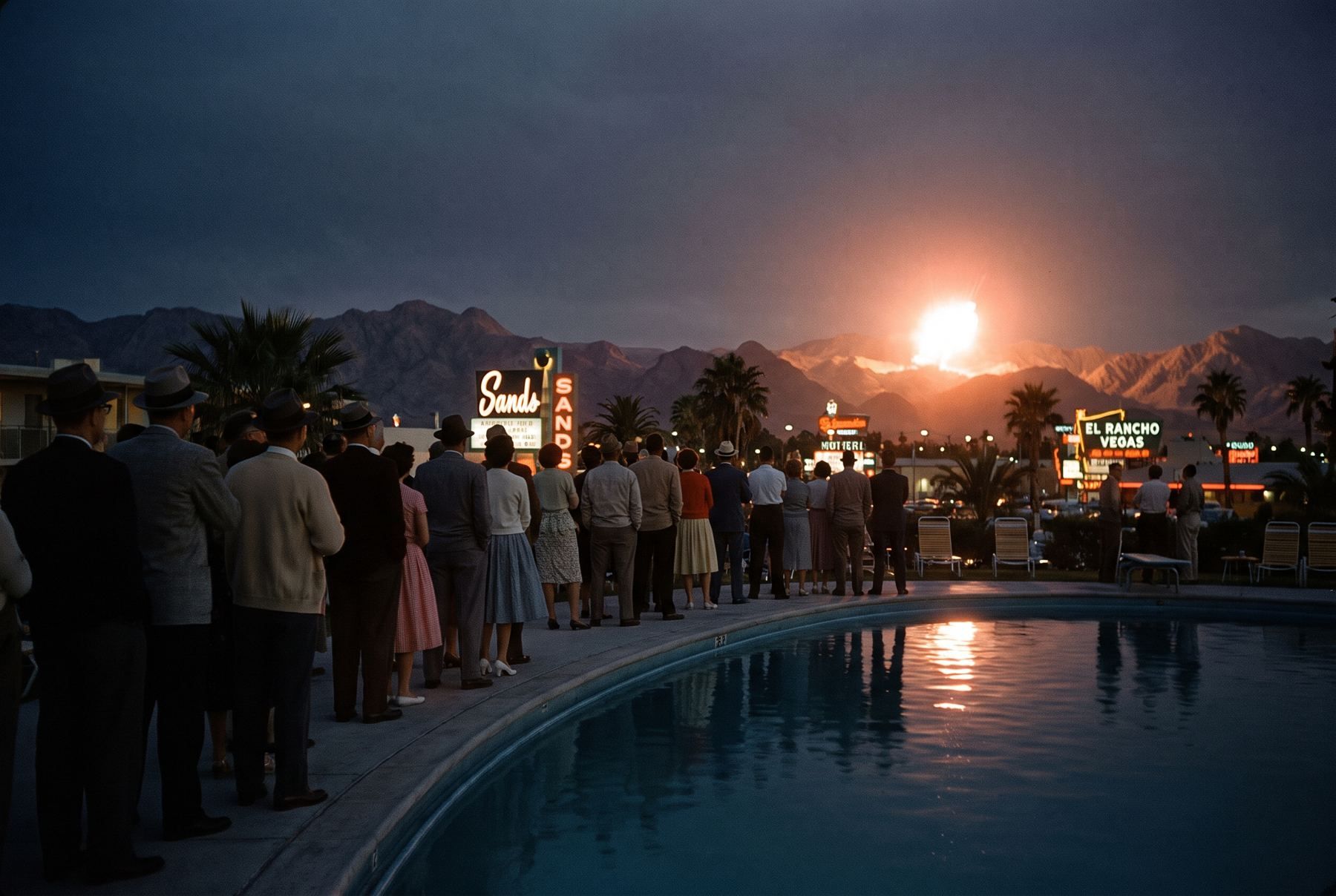 Spectators on a 1950s Las Vegas patio watch the pre-dawn horizon light up from an atomic detonation.