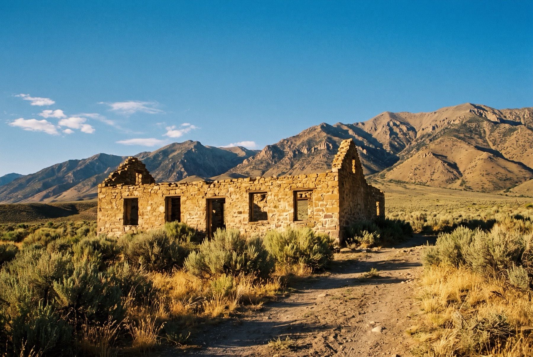 Stone ruins of the Cold Springs Pony Express station standing in the open desert.