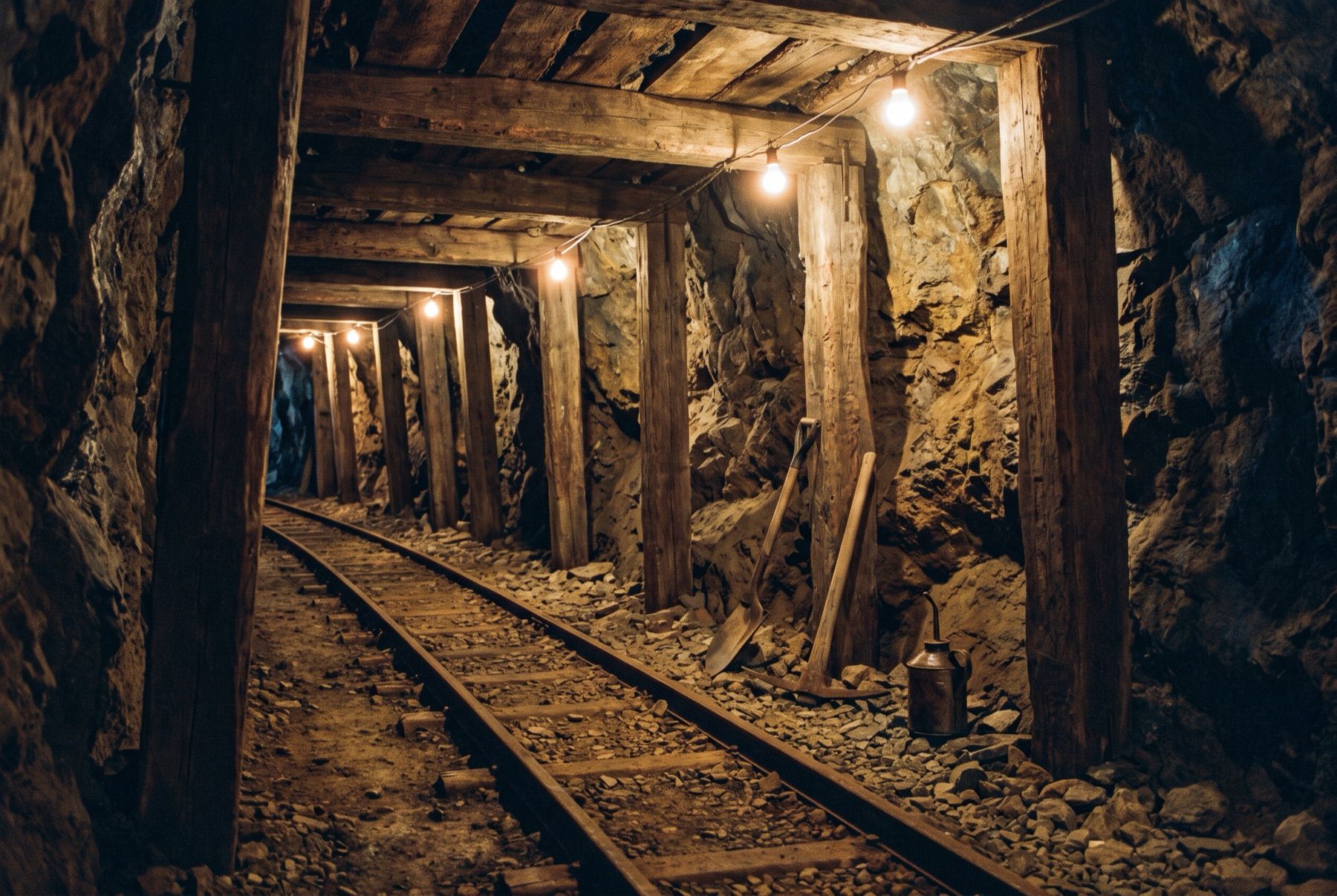 Underground timbered mine tunnel on the Comstock Lode with iron cart tracks.