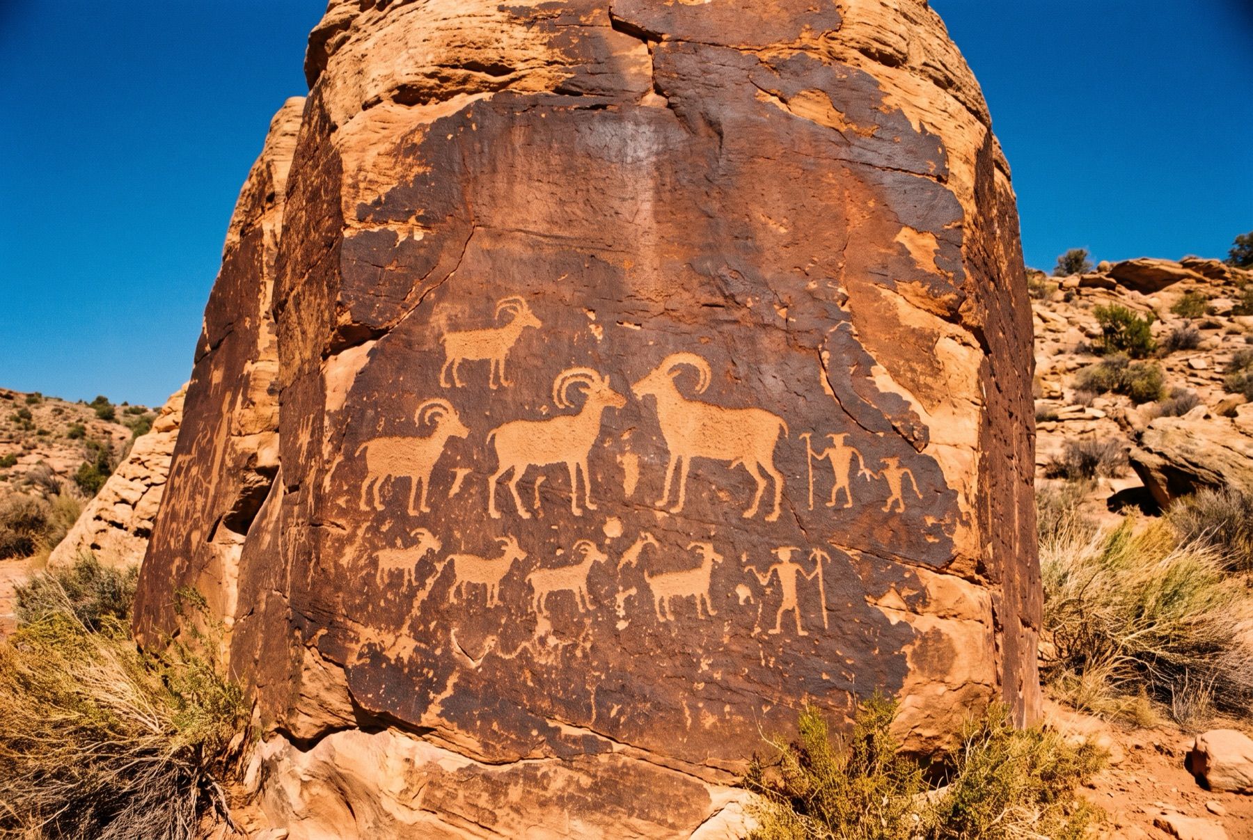 Prehistoric petroglyphs carved into dark sandstone rock