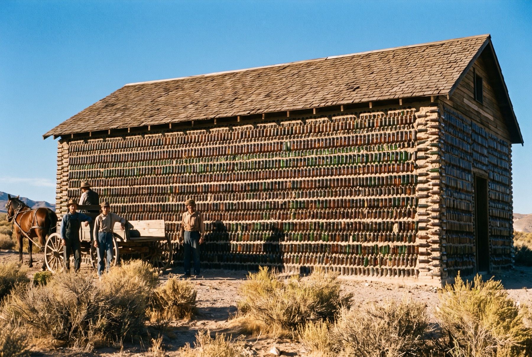 Historic house constructed from glass bottles and mortar in Rhyolite.
