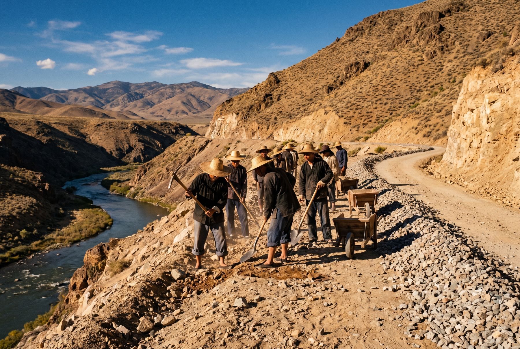 Track workers grading a rocky mountain slope for the Virginia and Truckee Railroad.