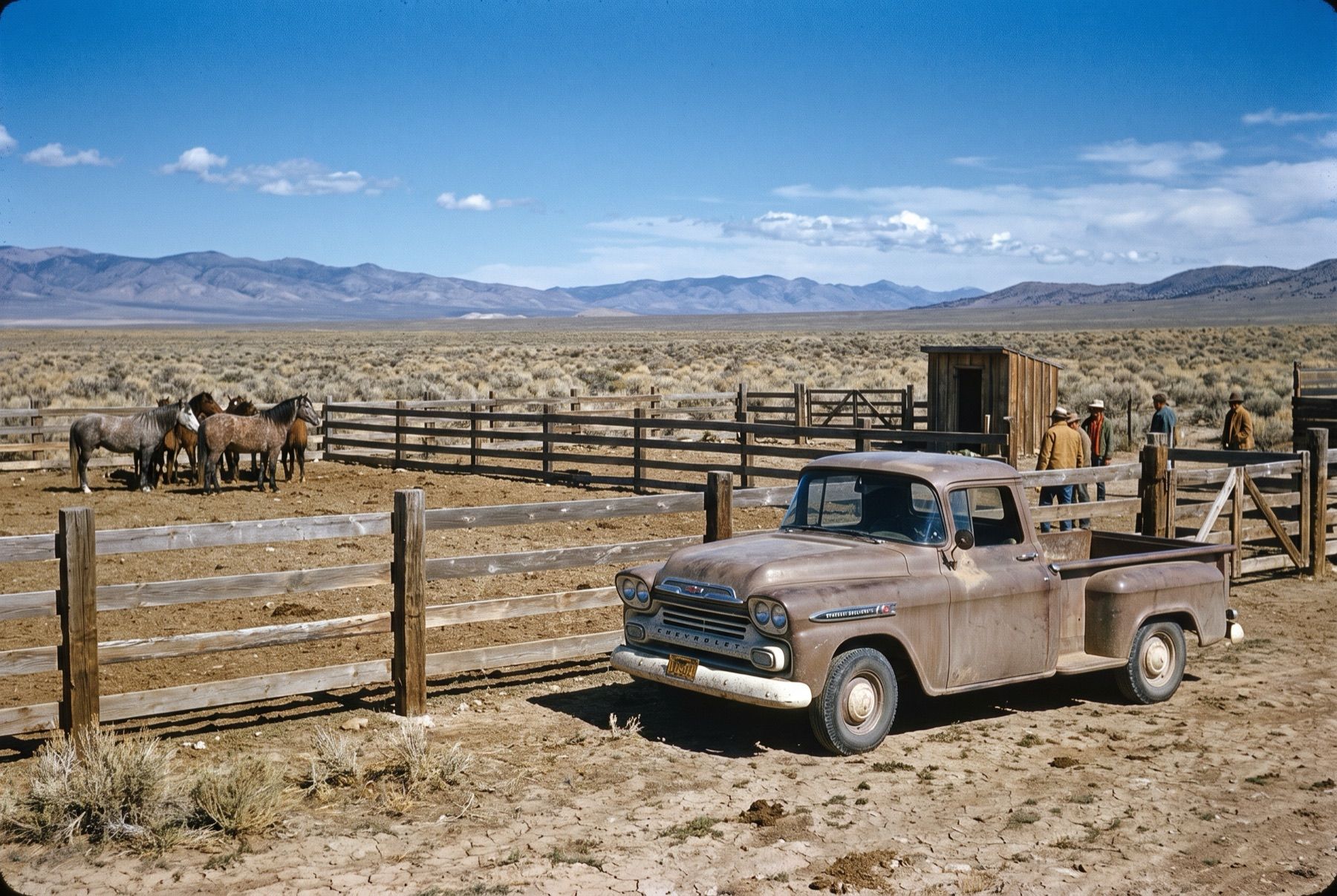 A 1950s-era wooden corral in rural Nevada with horses held inside and a truck parked outside.