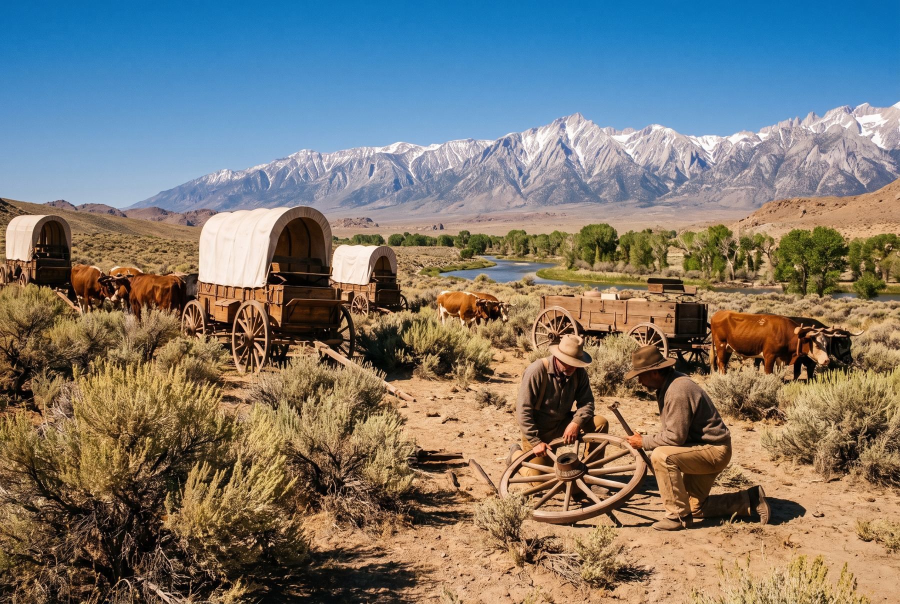Emigrant wagons halted along the Carson Route of the California Trail below the Sierra Nevada.