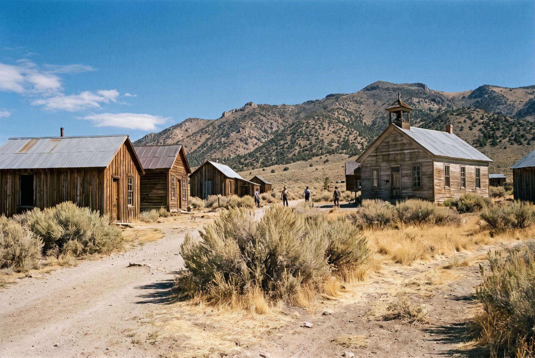 Preserved wooden cabins and historic mining buildings in Berlin ghost town