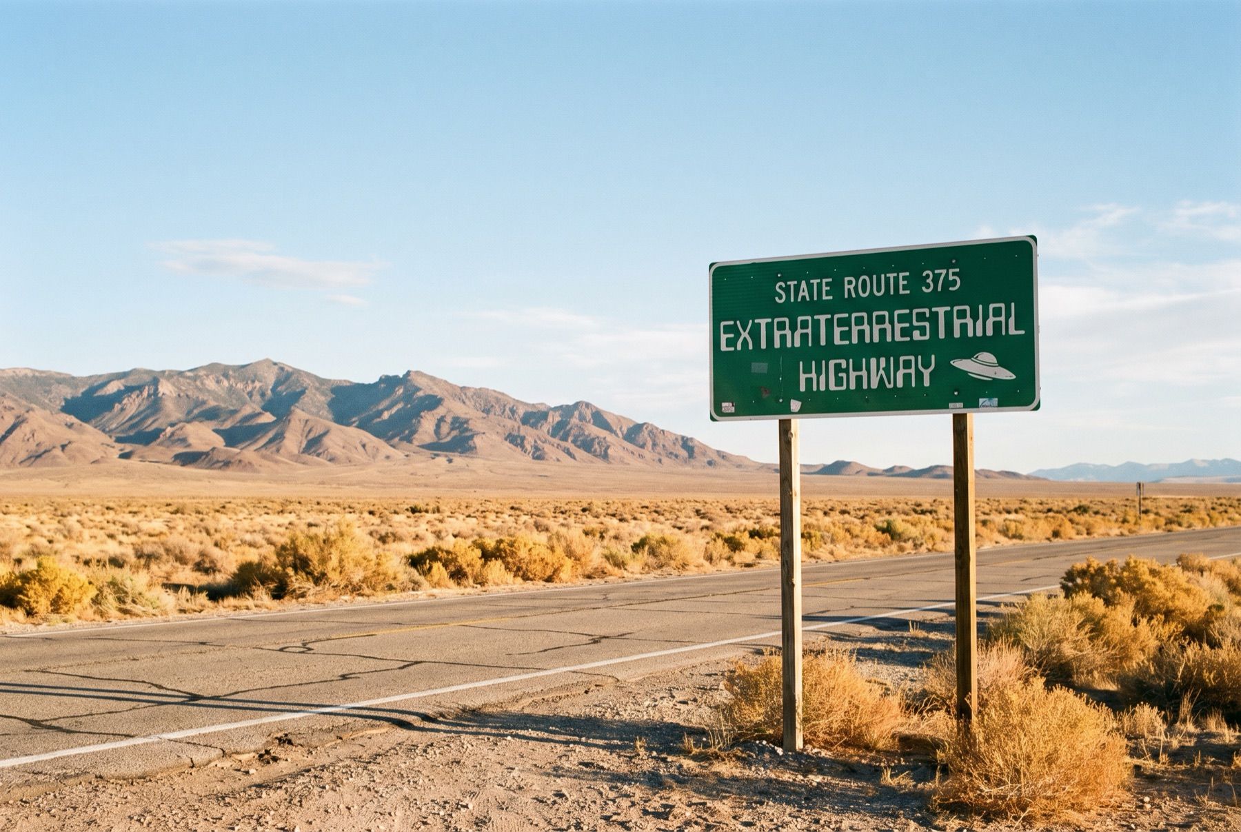 Official Extraterrestrial Highway sign along Nevada State Route 375 in the desert.