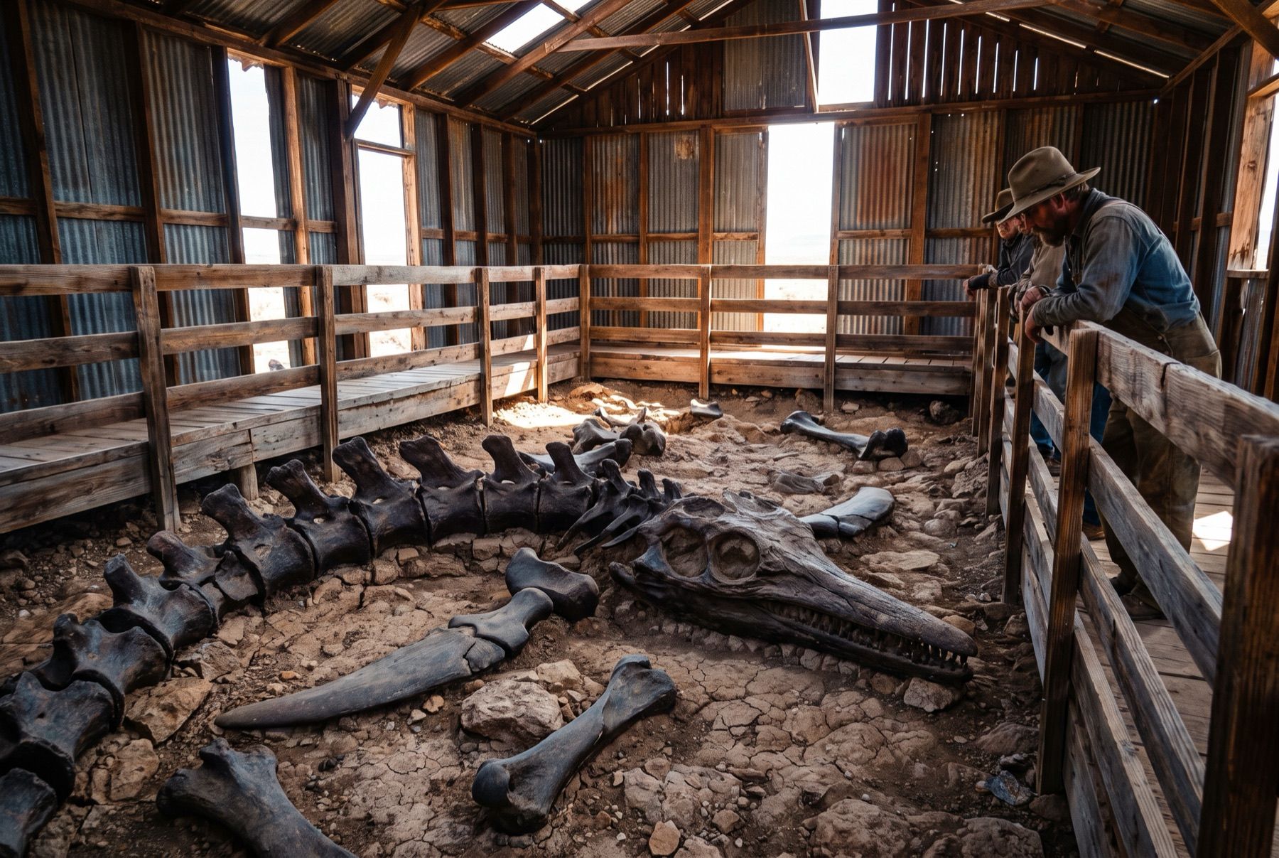 Fossilized ichthyosaur bones and vertebrae embedded in rock inside the Fossil House