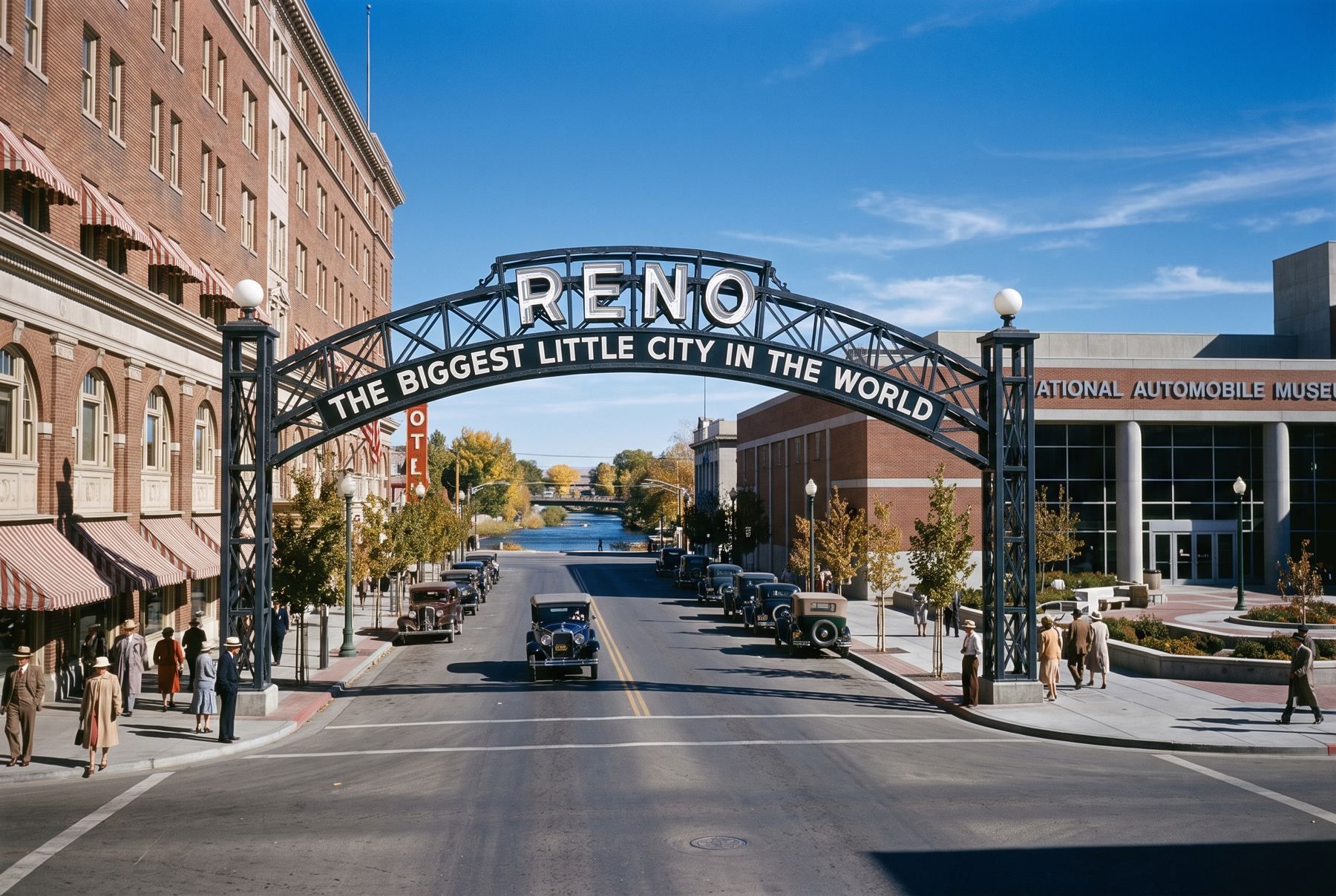 The reconstructed 1926 steel arch spanning Lake Street in Reno near the Truckee River.