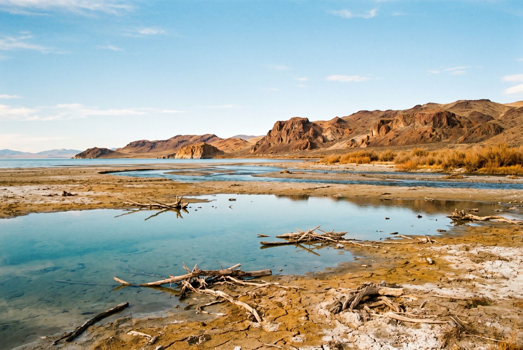 Shallow water and exposed shorelines near the delta where the Truckee River empties into Pyramid Lake.