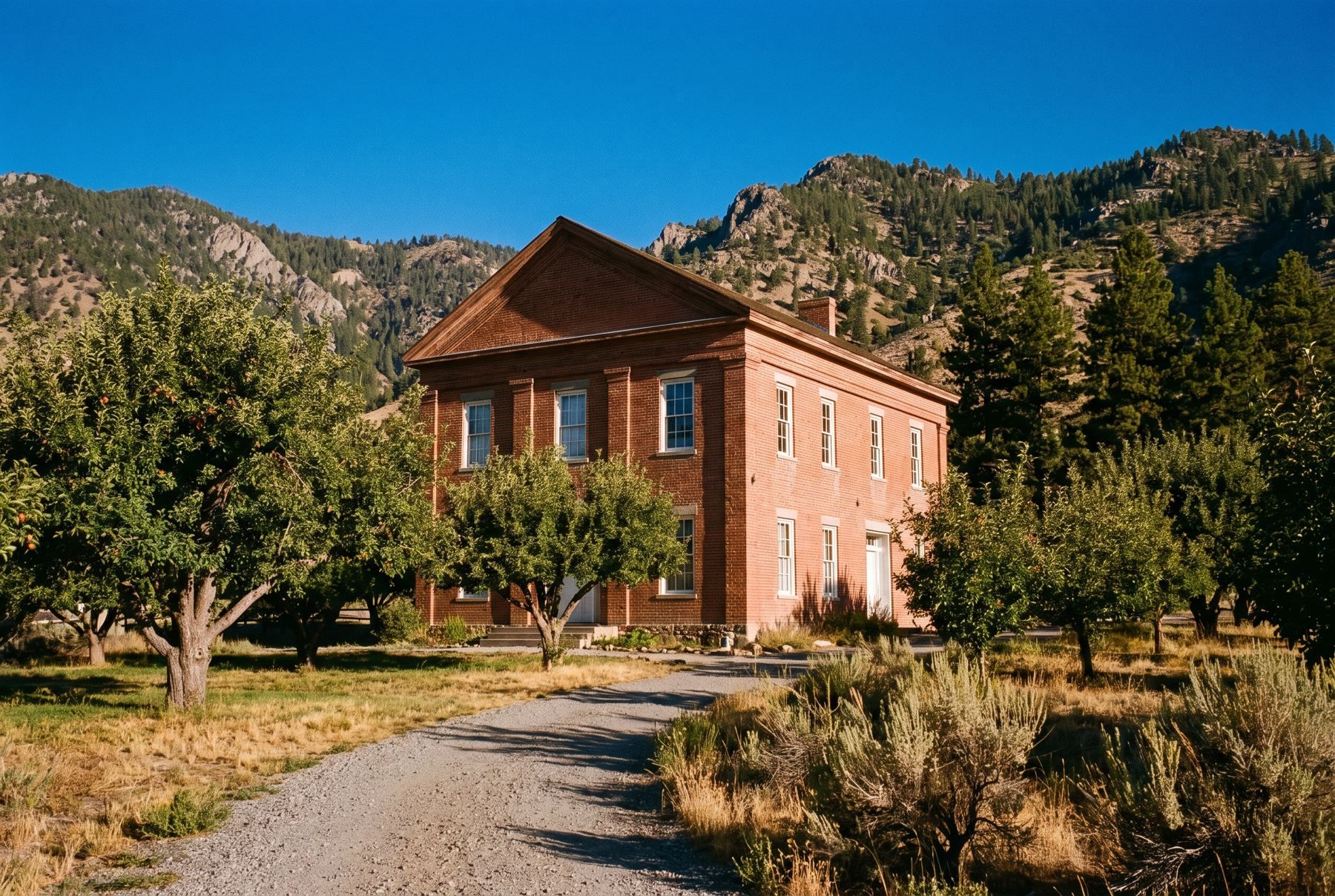 Historic three-story brick Kinsey House built in 1855 in Genoa, Nevada.