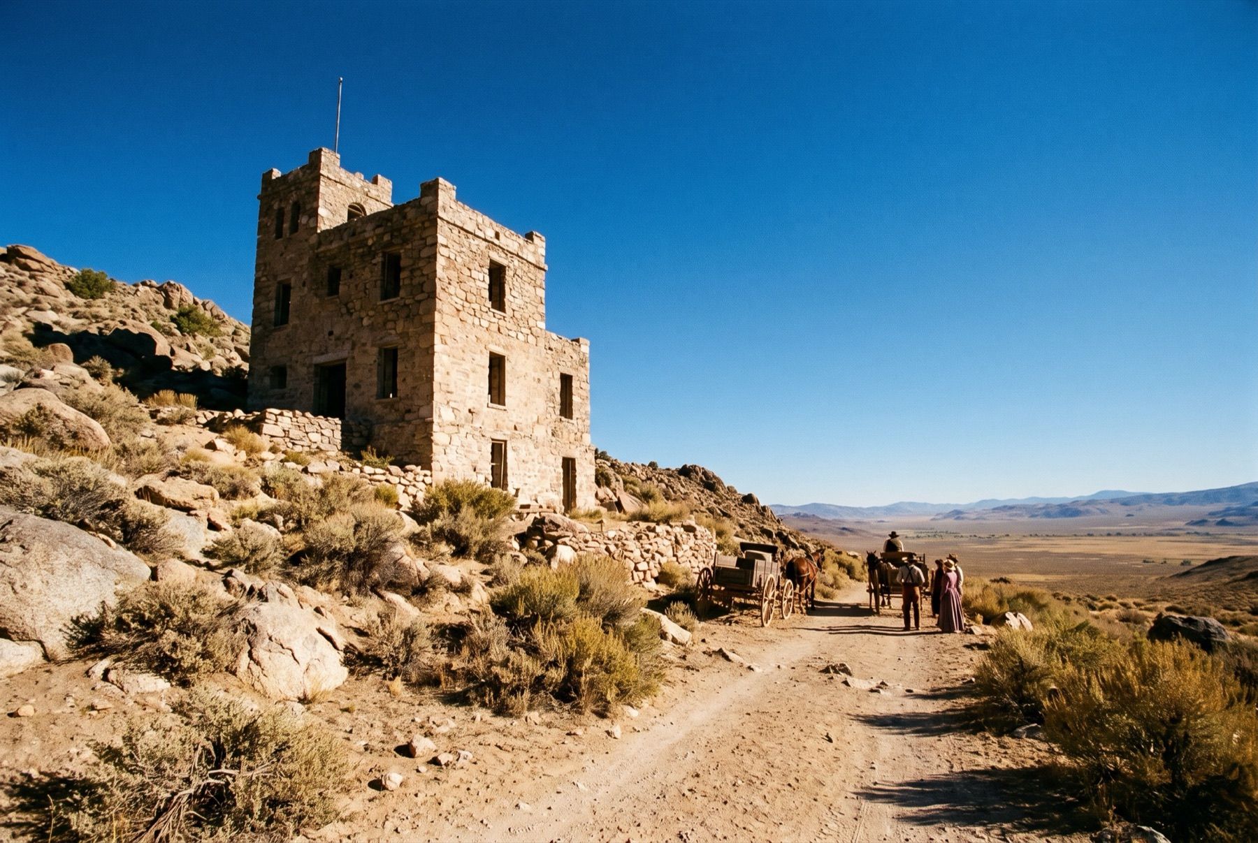 Three-story stone tower of Stokes Castle perched on a hillside outside Austin, Nevada.