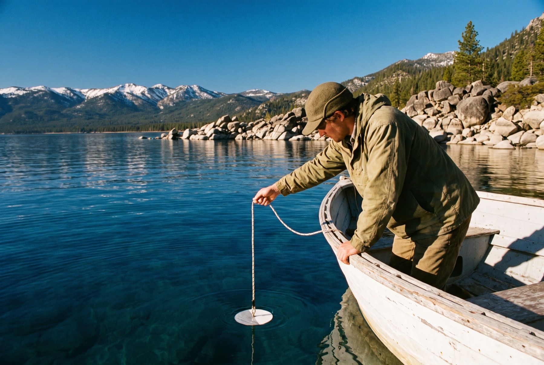 A research vessel conducting water clarity tests on Lake Tahoe.