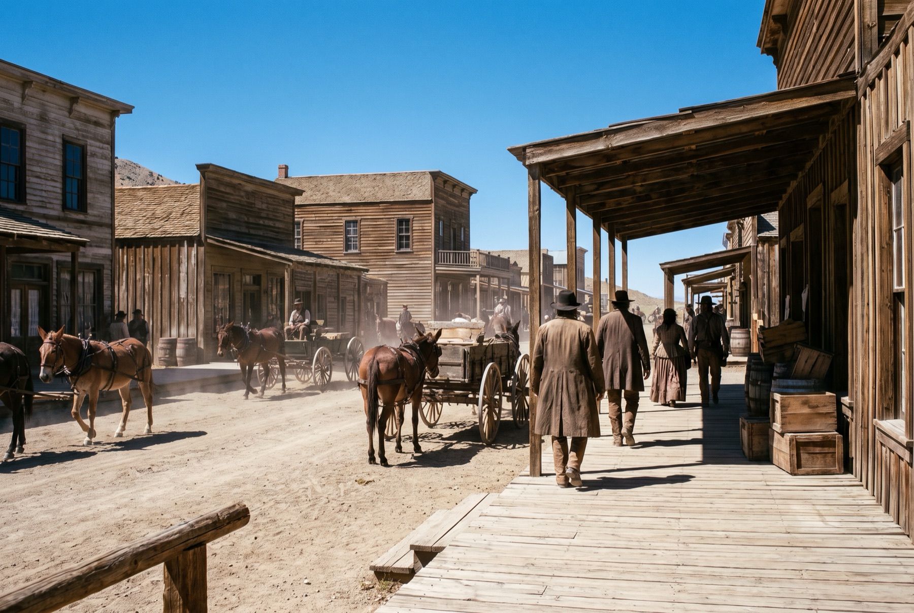 Weathered boardwalk and nineteenth-century brick storefronts along an empty dirt street.