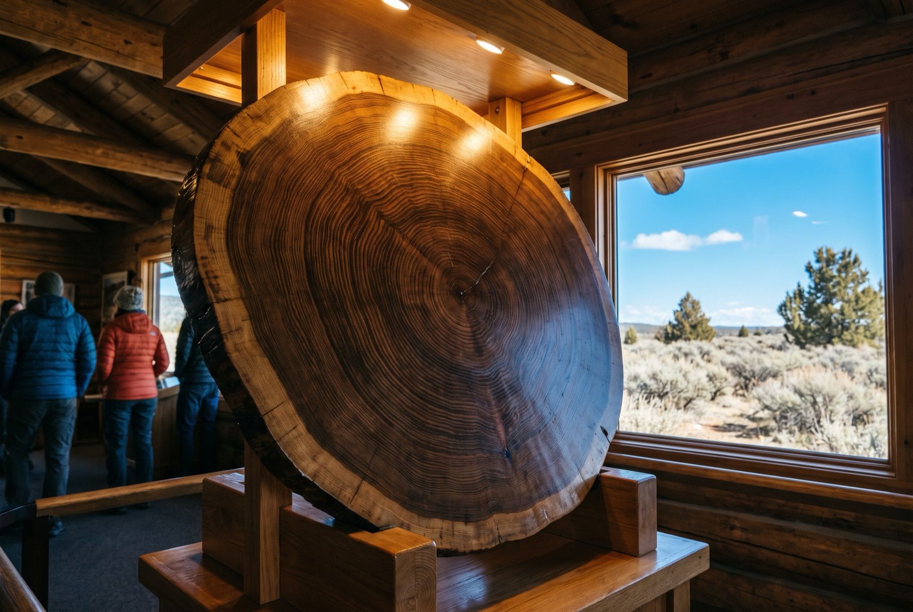 A large round slab cut from the Prometheus tree on display inside the visitor center.