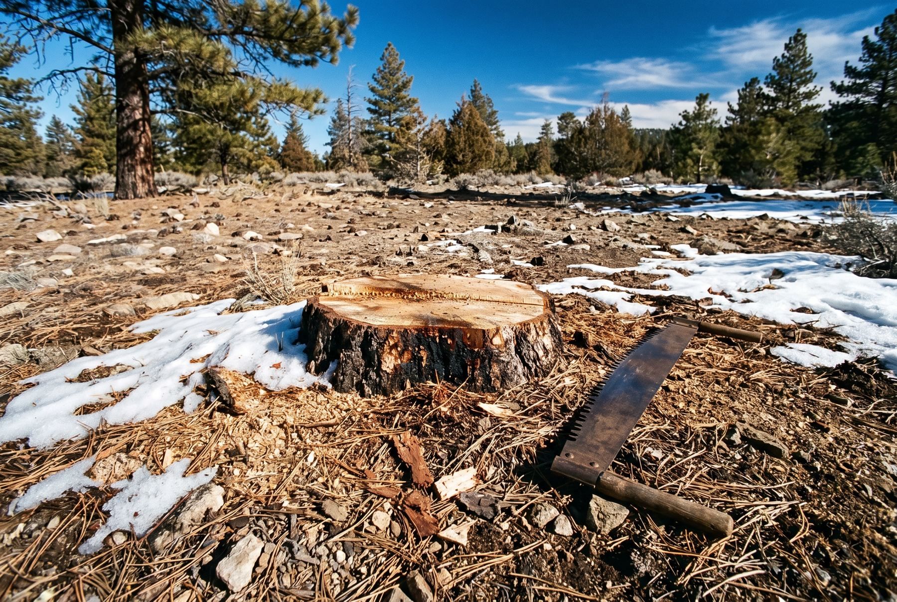 A low tree stump cut close to the ground following Forest Service regulations.