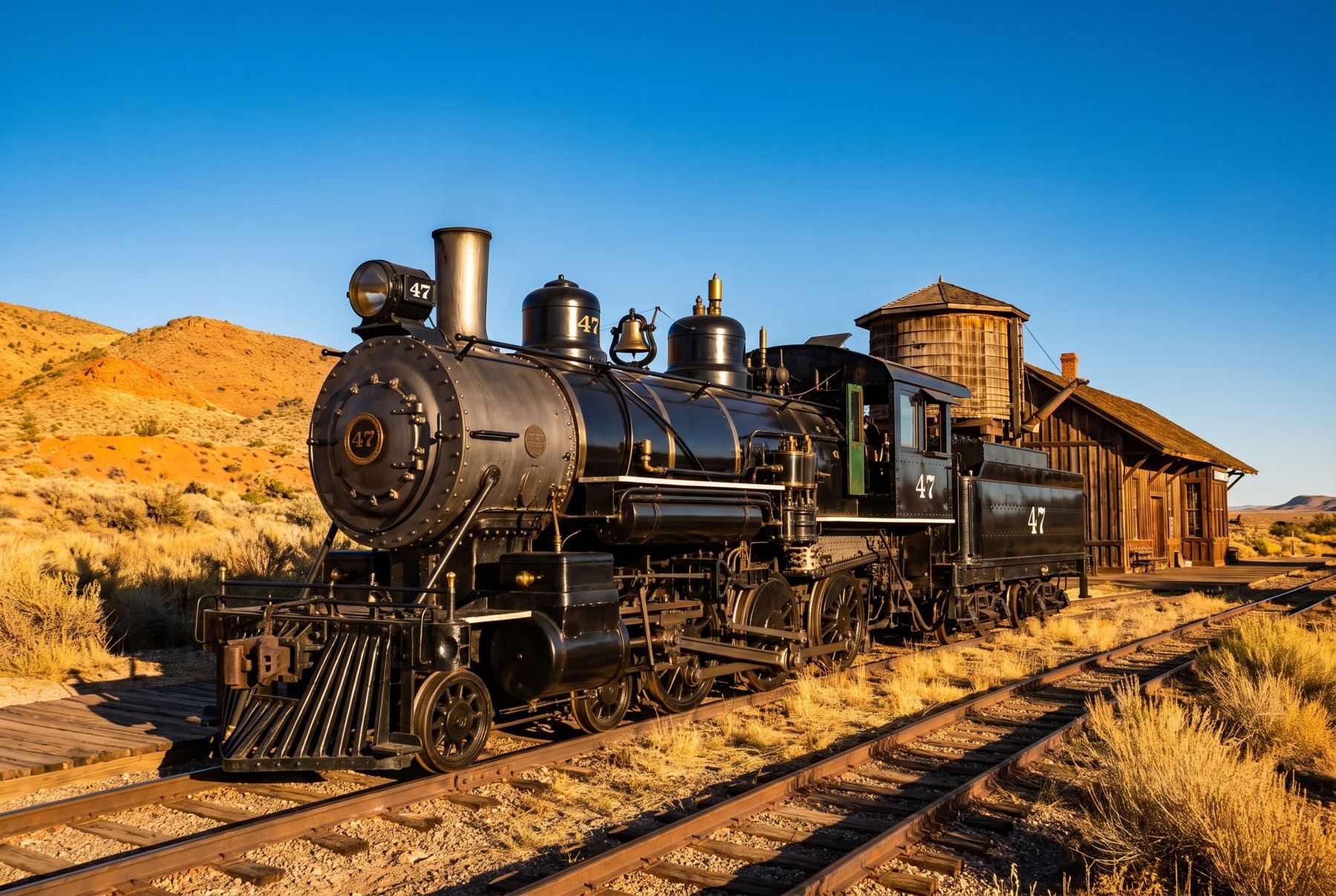 A restored black Baldwin steam locomotive parked on the tracks at a historic depot.