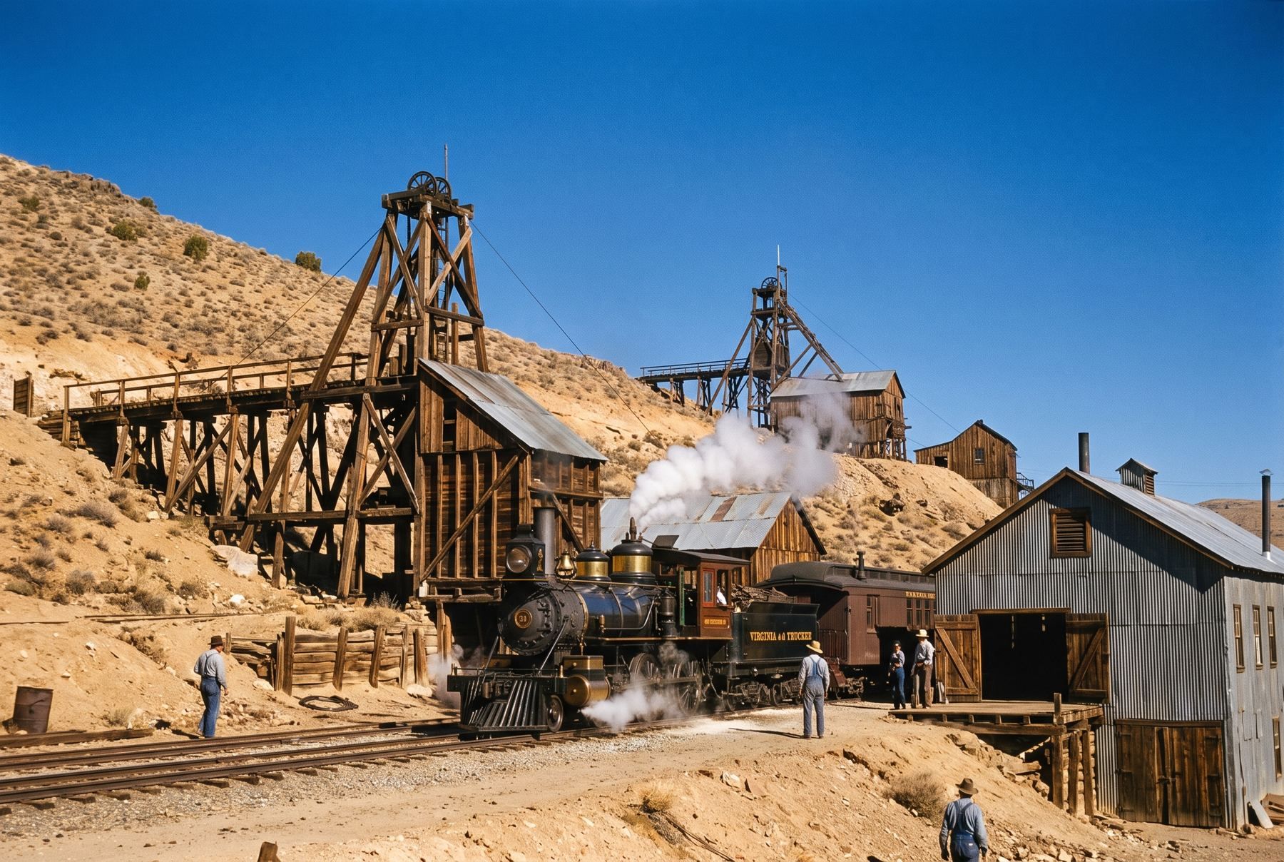 A steam locomotive passing the Gold Hill depot beside wooden mine structures.