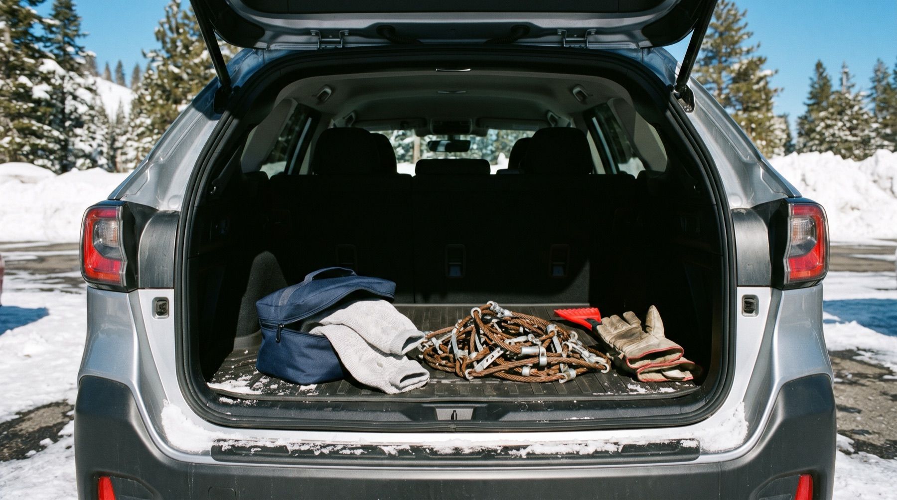 An open car trunk in a snowy parking area holding a pouch of folded grey snow socks beside a pile of steel cable chains, gloves and an ice scraper