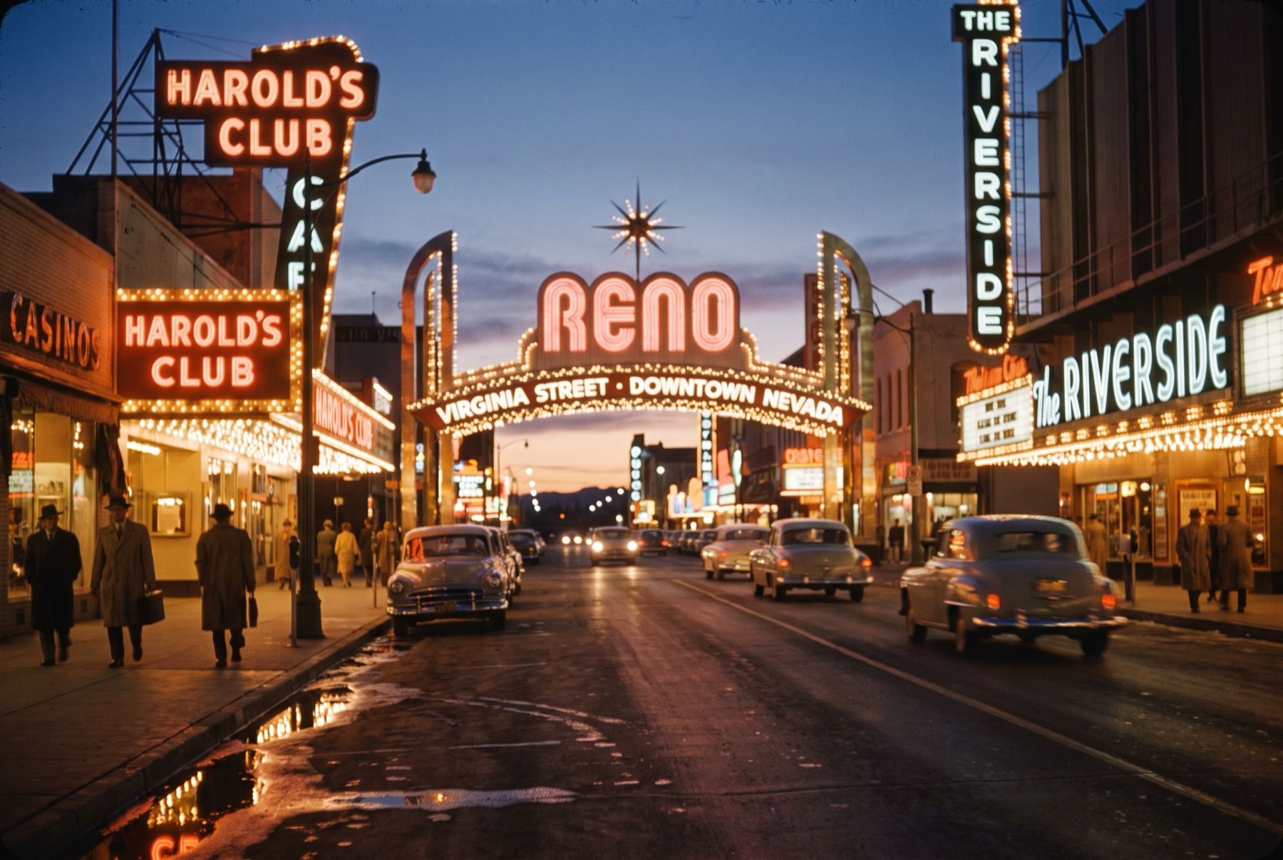 Virginia Street in Reno featuring the illuminated Reno Arch and historic casino facades.