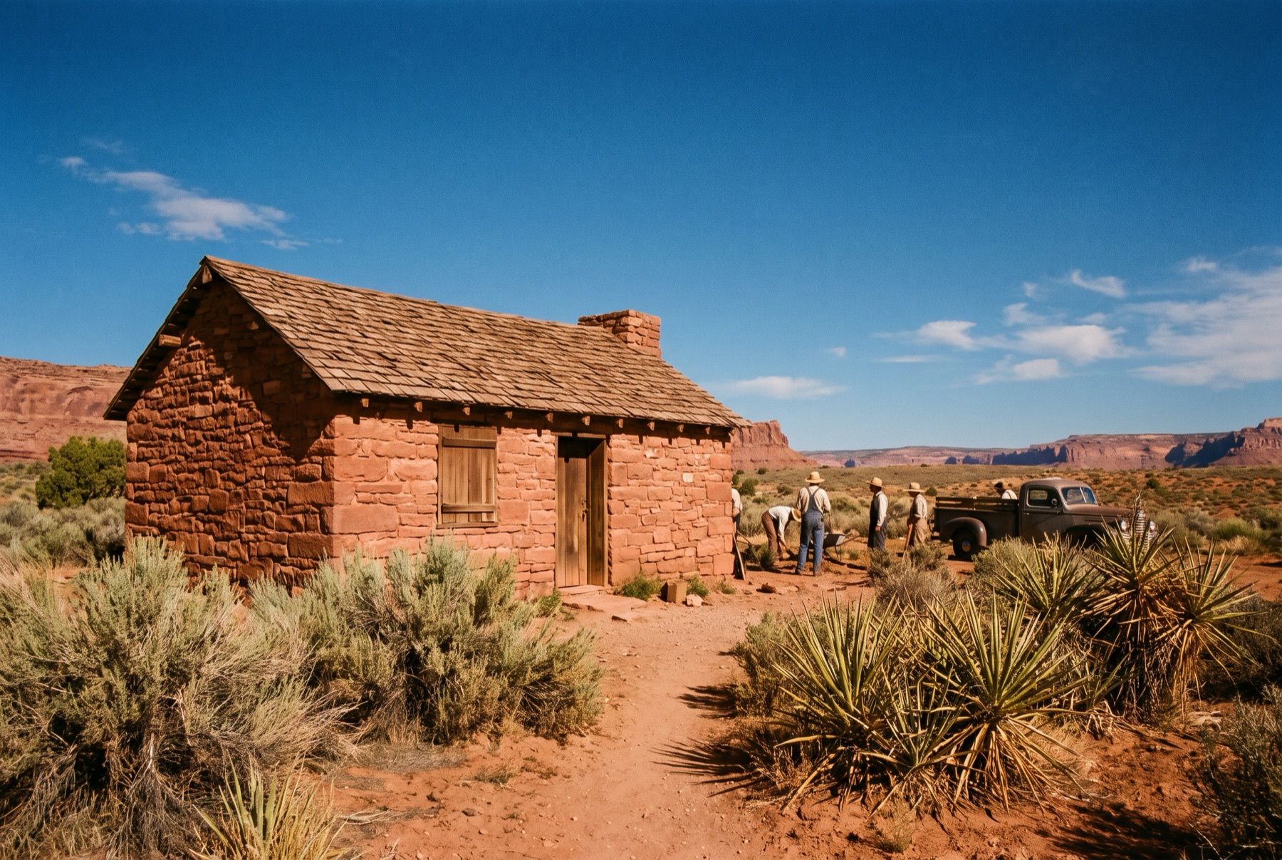 A historic red sandstone cabin built by the CCC