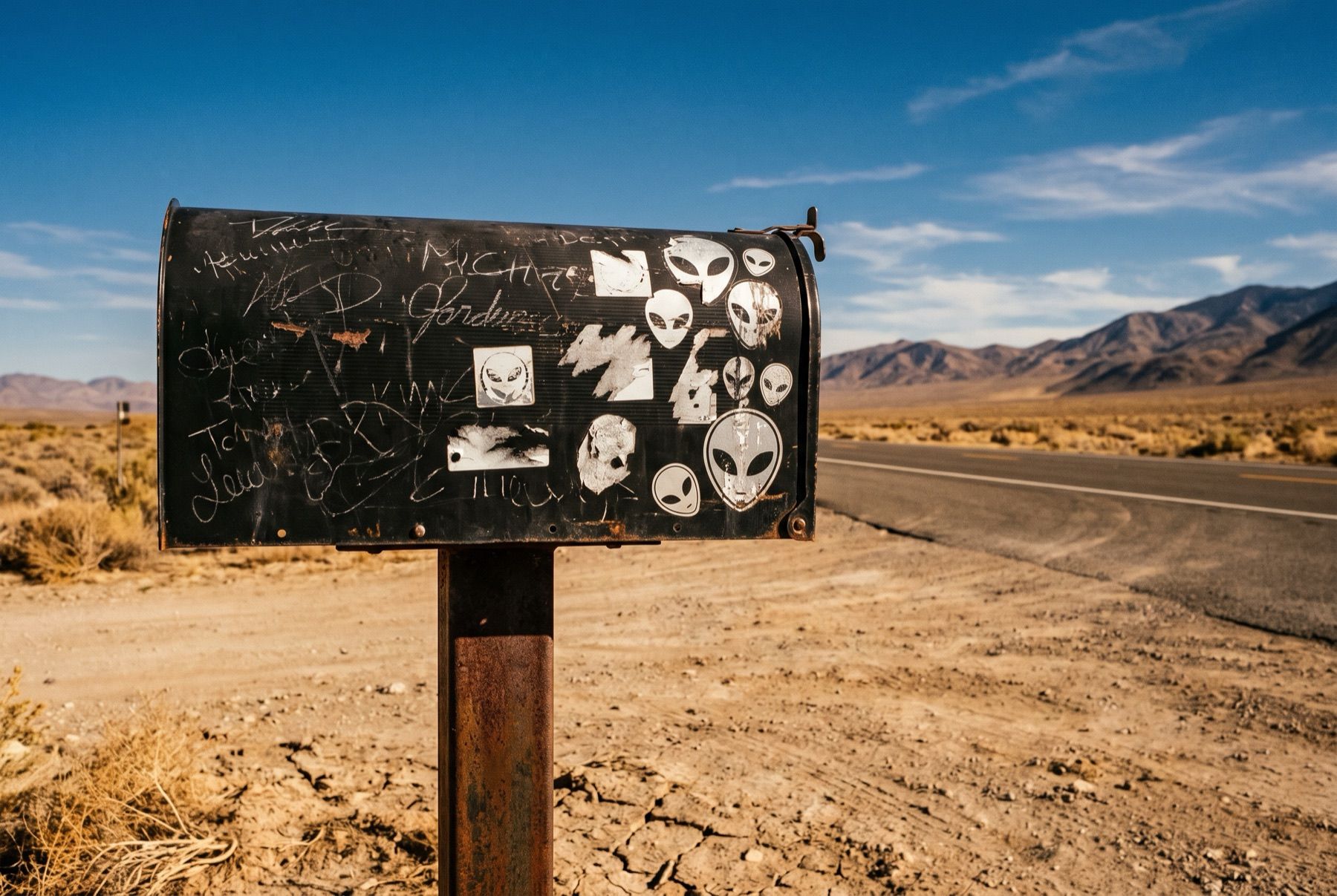 The sticker-covered Black Mailbox on the shoulder of Mail Box Road in Nevada.