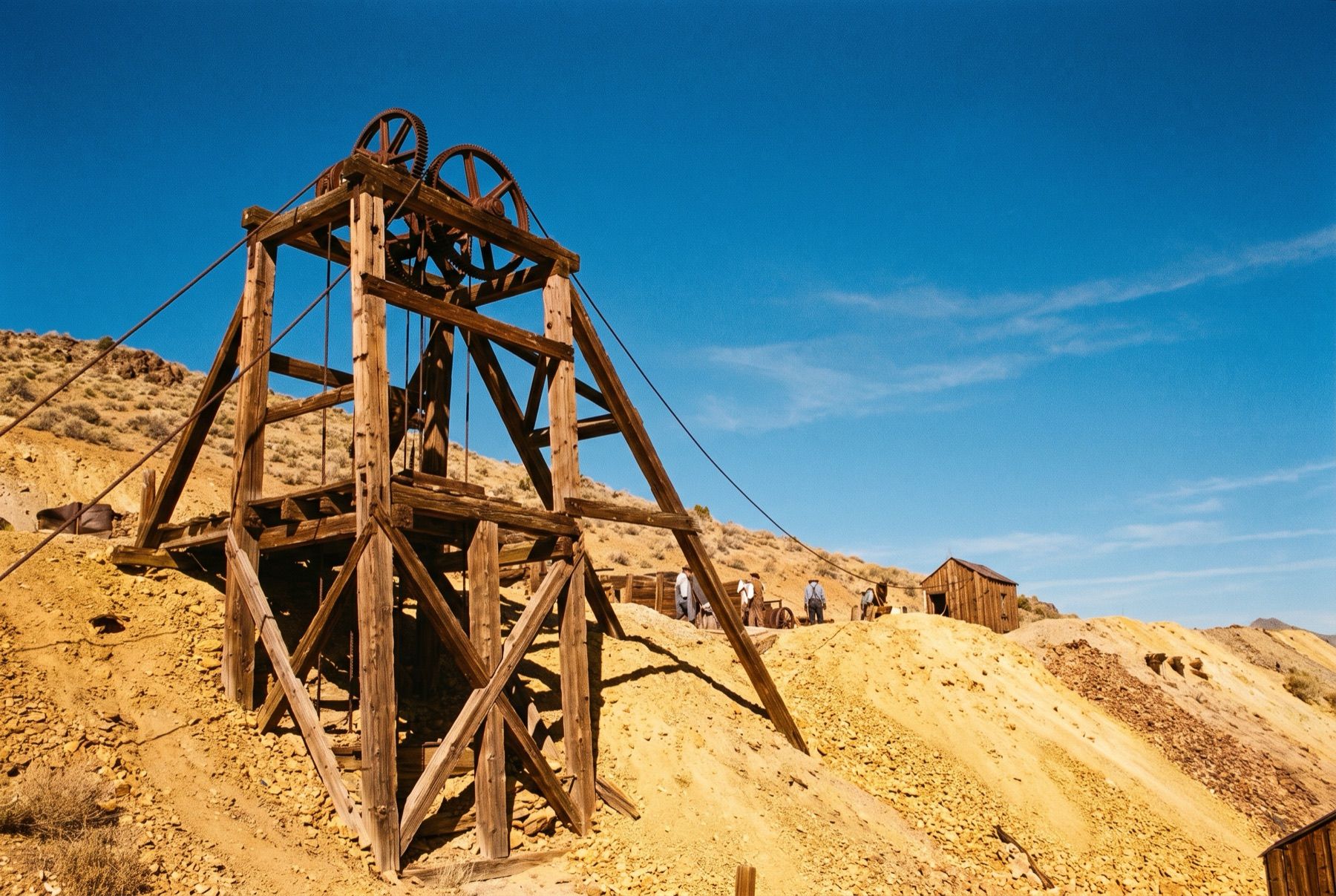 A historic wooden mine headframe with iron cable wheels on a rocky hill in Gold Hill.