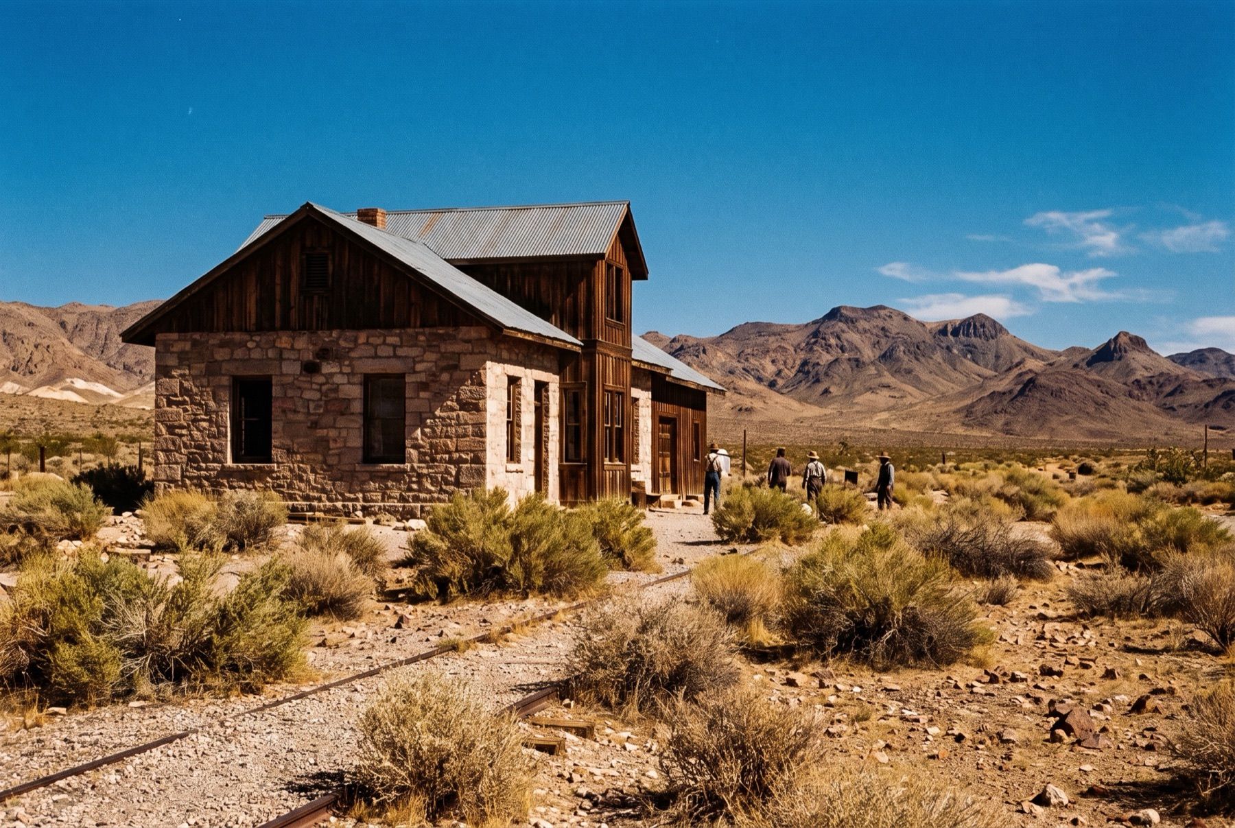 Preserved railroad depot standing in the desert scrub of Rhyolite.