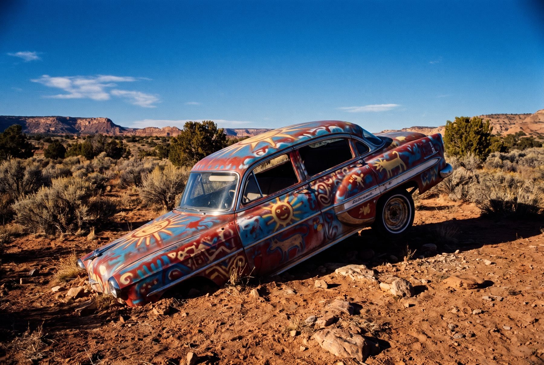 A painted car standing nose-down in the dirt with colorful murals on the frame.