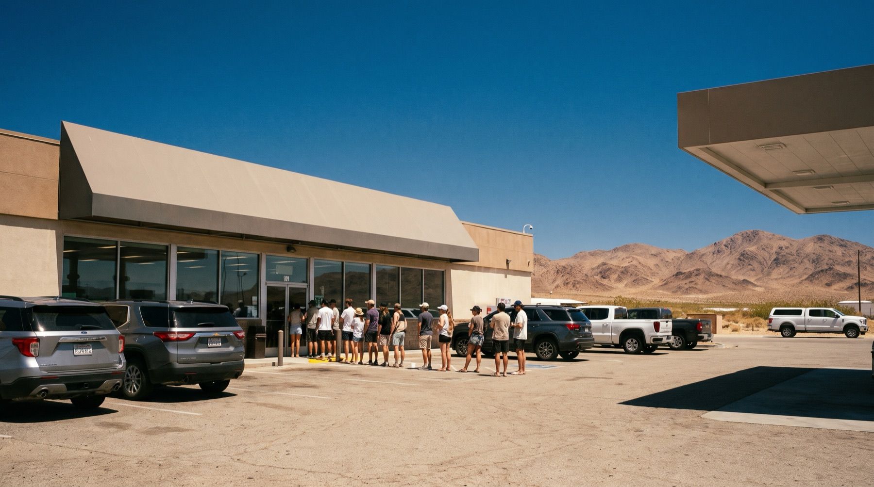 A line of people outside a desert convenience store beside a highway, bare brown mountains behind