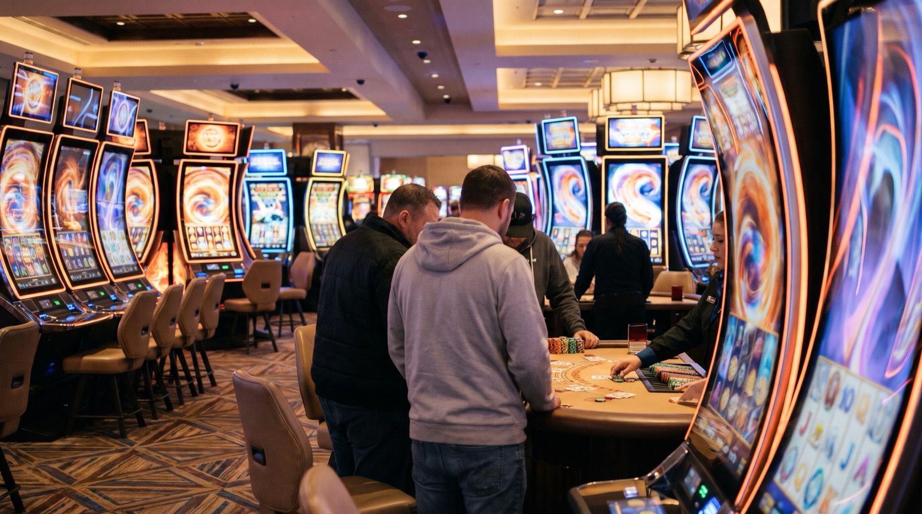 Players at a blackjack table between rows of modern video slot machines on a casino floor