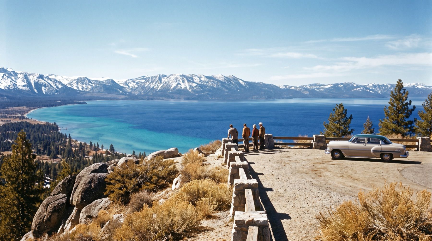 Panoramic view of Lake Tahoe's deep blue waters and granite shoreline looking toward the Sierra Nevada crest.