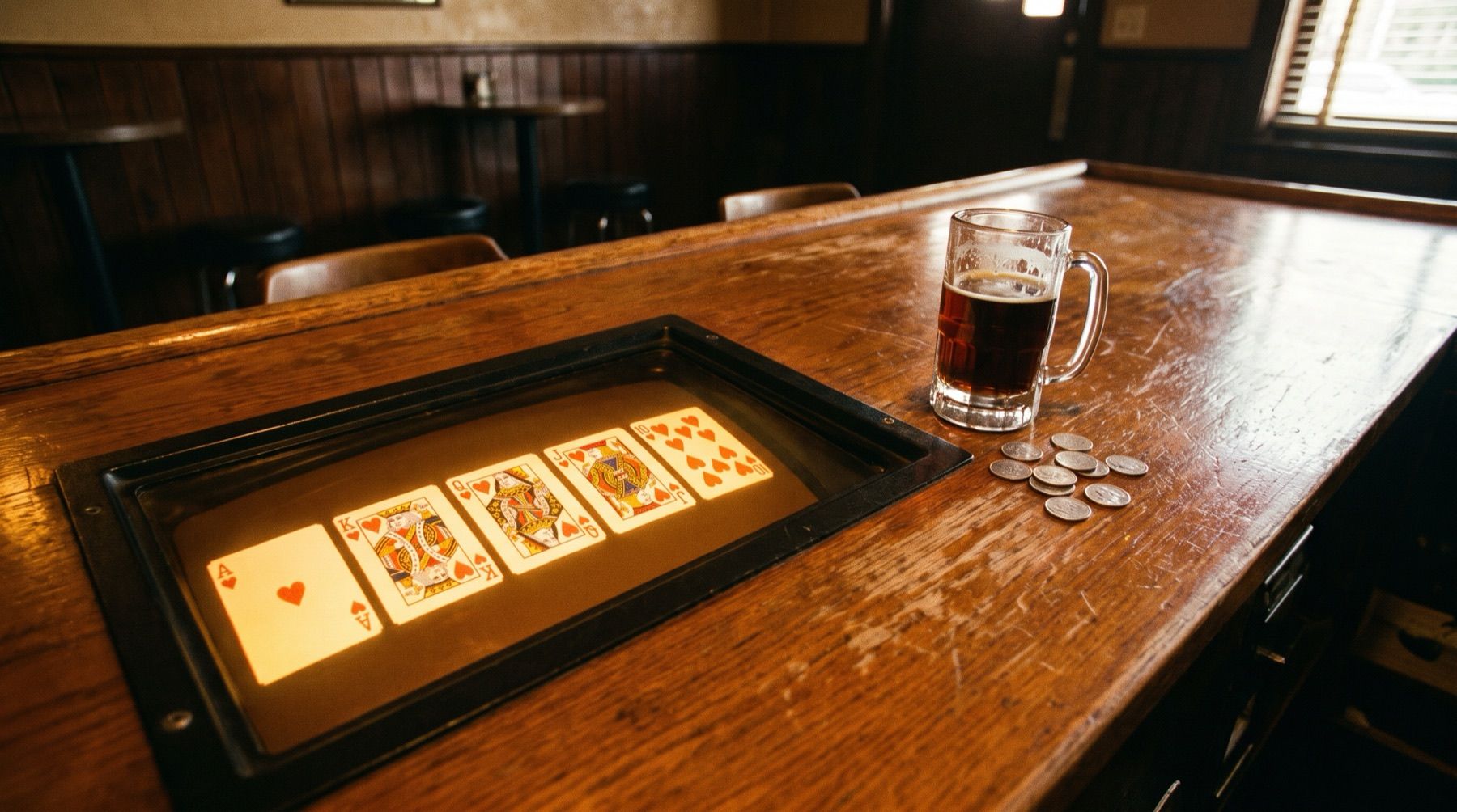 A bar-top video poker screen showing a royal flush in hearts, a mug of beer and a few coins beside it on a wooden bar