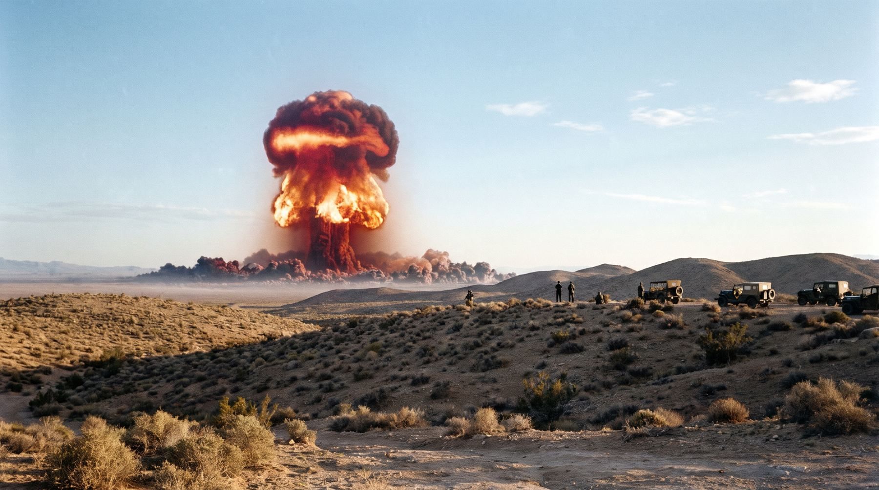 A massive mushroom cloud rises over the desert mountains north of Las Vegas in early morning light.