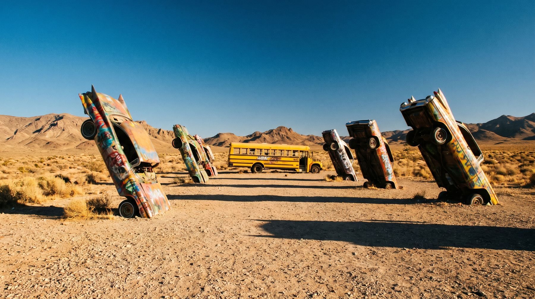 Painted cars and an old school bus planted vertically into dry desert gravel in Goldfield Nevada.