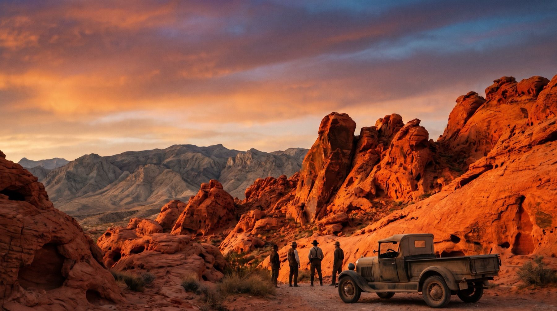 Bright red sandstone rock formations glowing under an orange sunset sky
