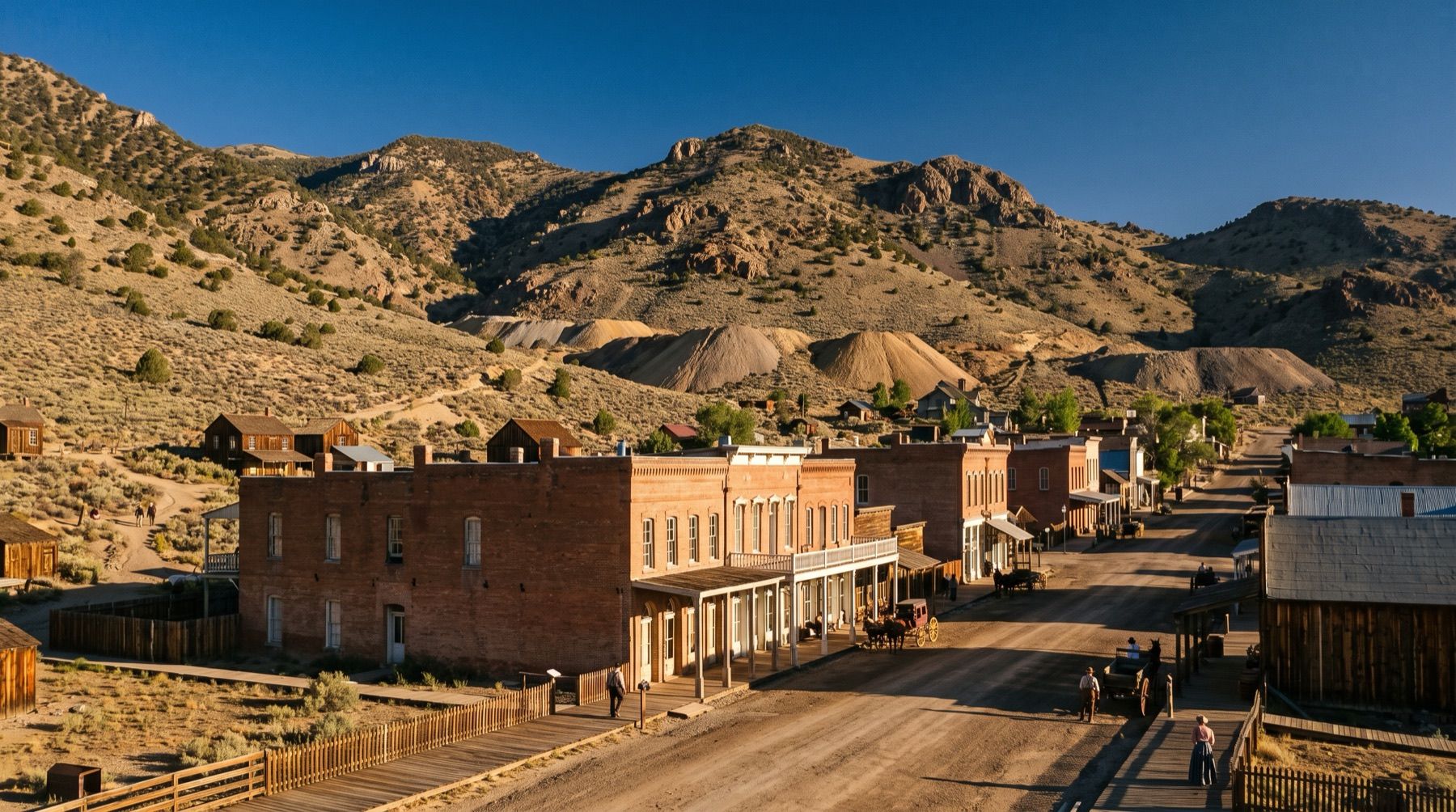 Morning light over Historic C Street in Virginia City showing historic buildings and surrounding hillsides.