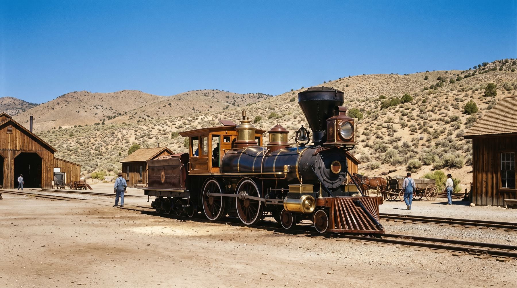 Historic Inyo steam locomotive resting on museum tracks in Carson City under clear desert skies.