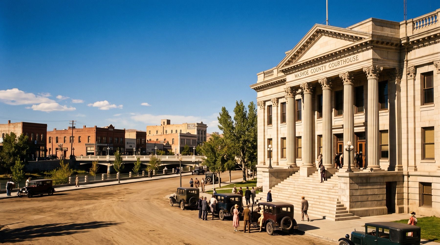 Historic neoclassical Washoe County Courthouse in downtown Reno under open Nevada skies.