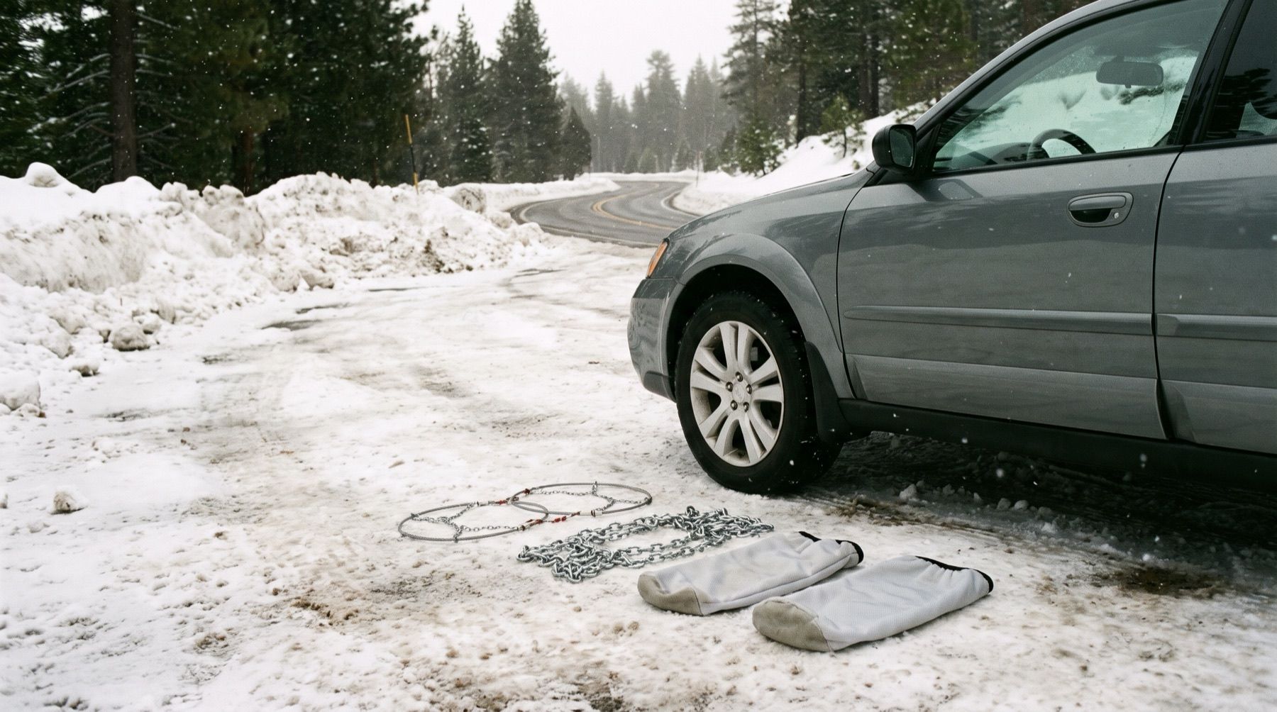 Three traction devices laid out on packed snow beside a car's front wheel: a set of steel cable chains, a set of heavier link chains and a pair of grey fabric snow socks
