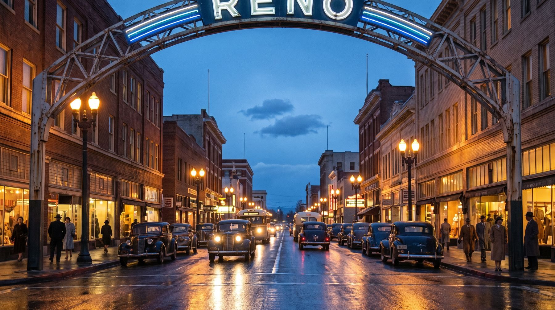 The illuminated Reno Arch spanning downtown Virginia Street at dusk with car headlights below.