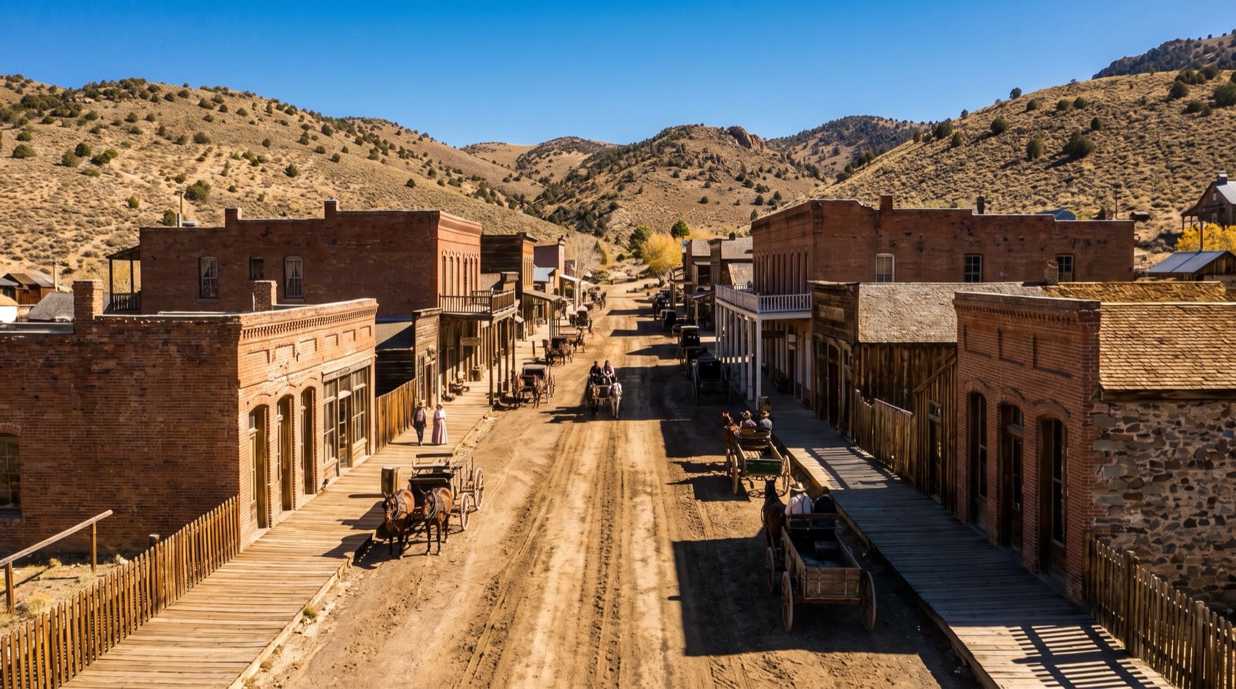 South C Street in Virginia City with historic brick buildings and wooden boardwalks beneath arid desert hills.