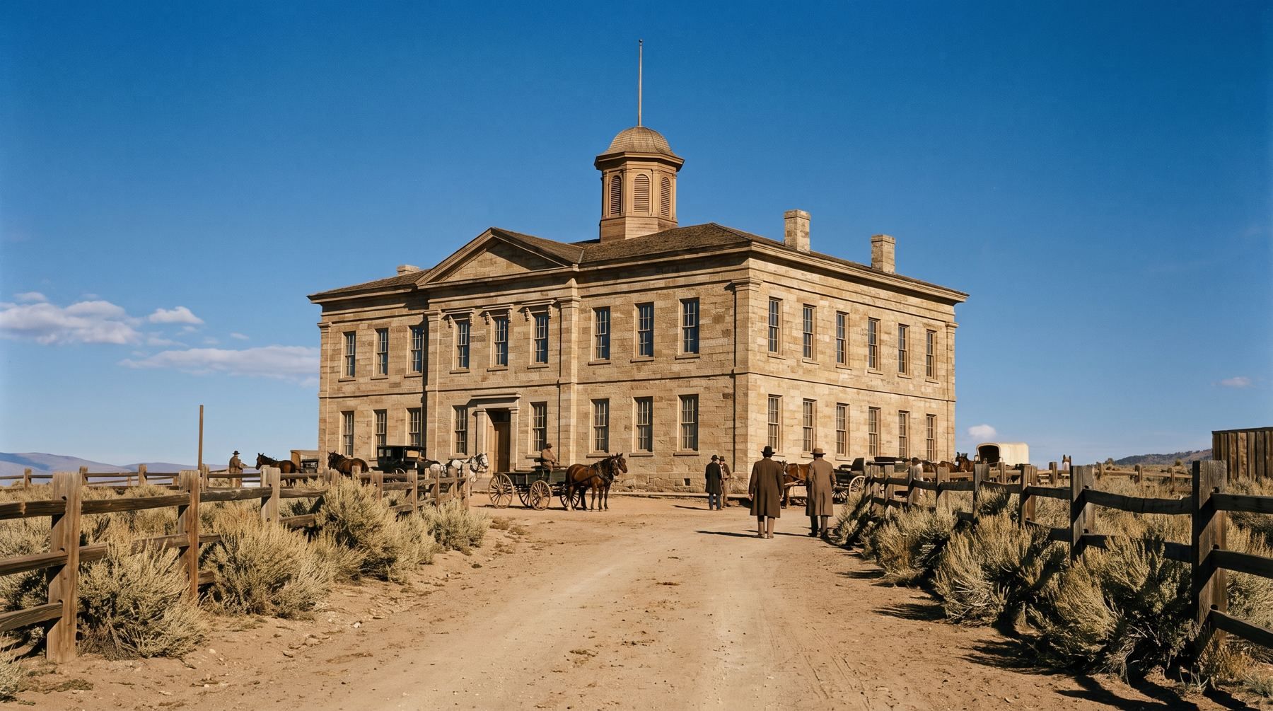 Two-story sandstone Carson City Mint building with central cupola under a clear blue sky